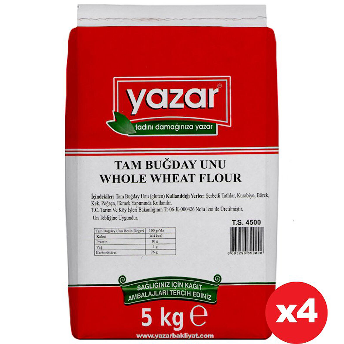 Yazar Taş değirmende Öğütülmüş Tam Buğday Unu 5 Kg X 4 Paket
