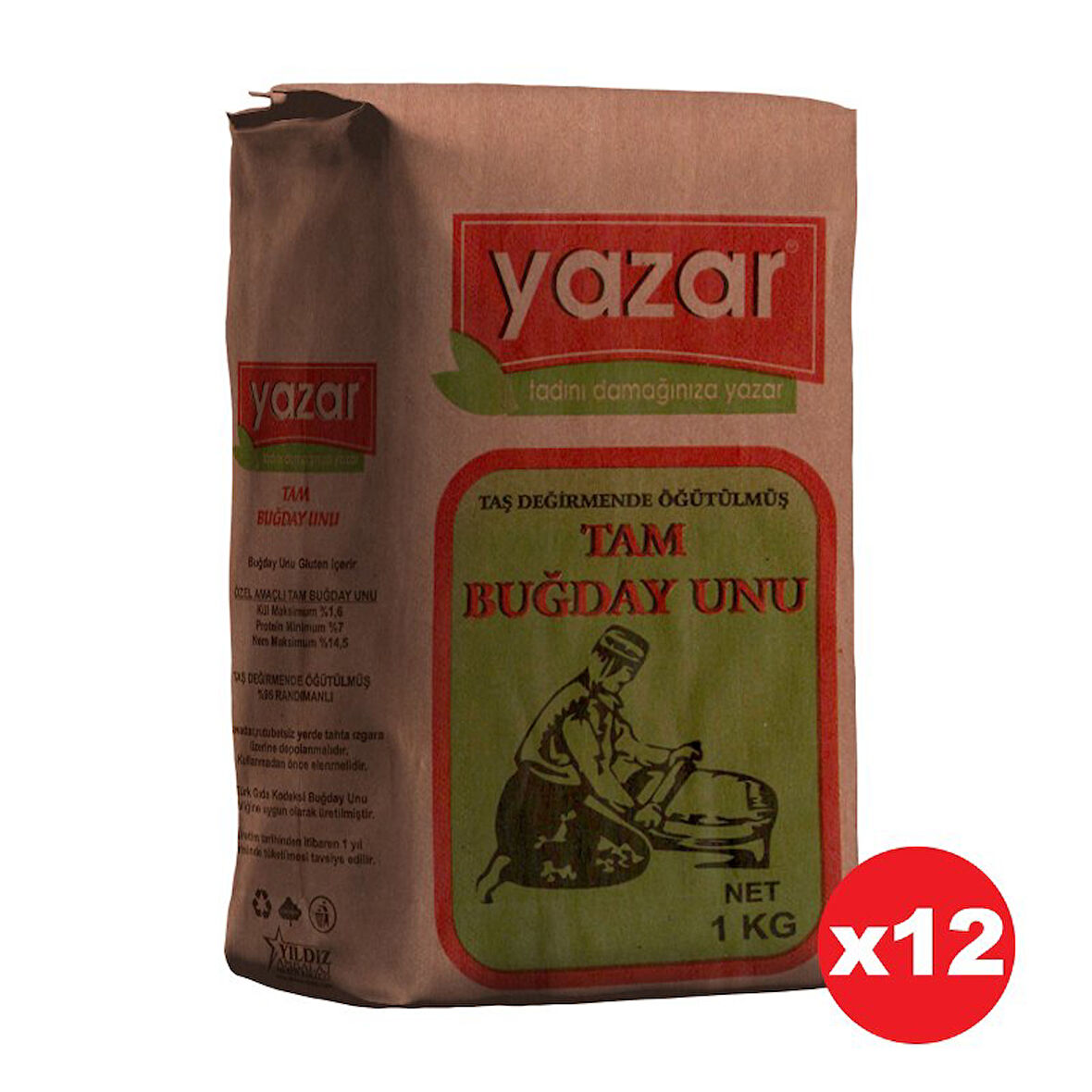 Yazar Taş değirmende Öğütülmüş Tam Buğday Unu 1 Kg x 12 Paket