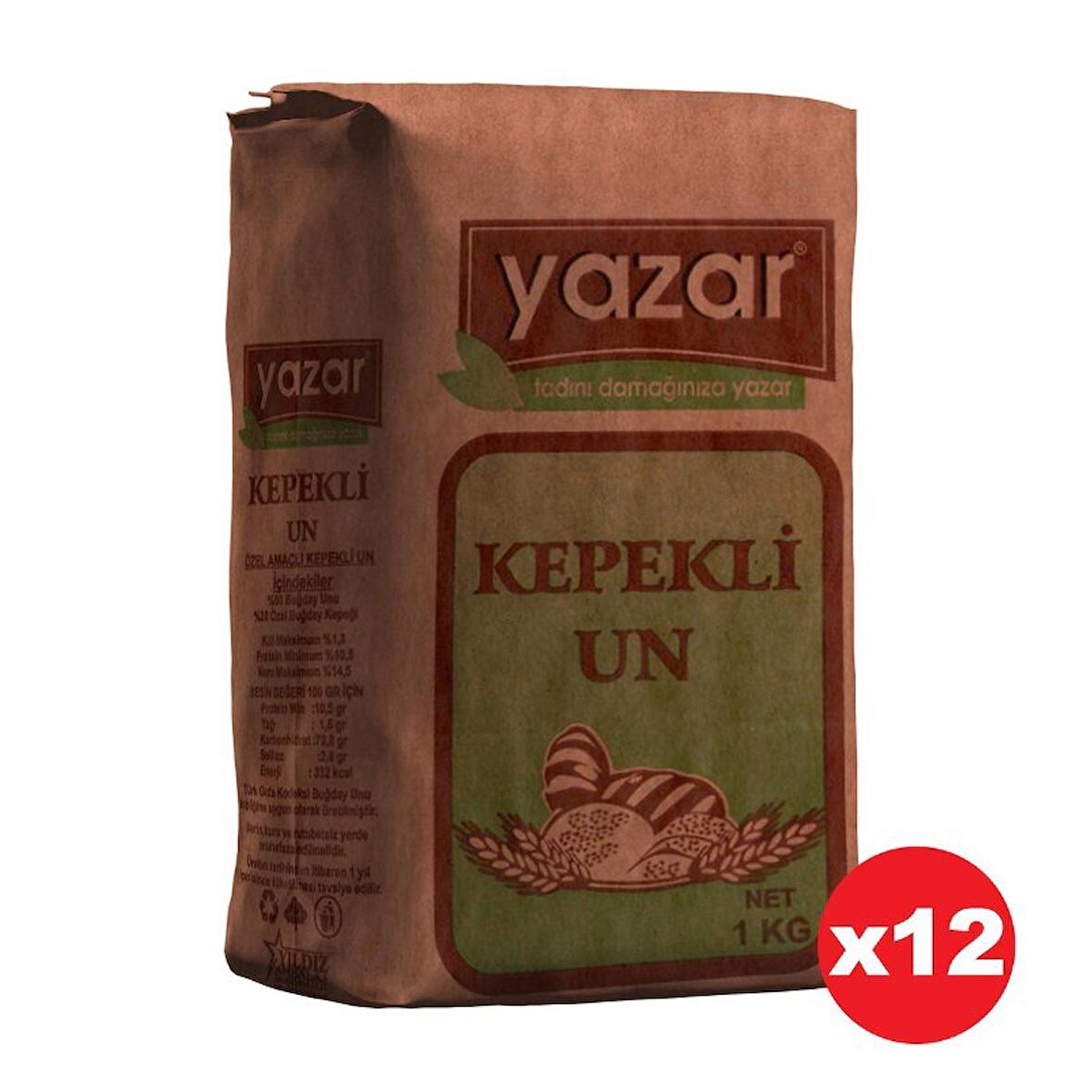 Yazar Taş değirmende Öğütülmüş Tam Buğday Kepekli Un 1 Kg x 12 Paket