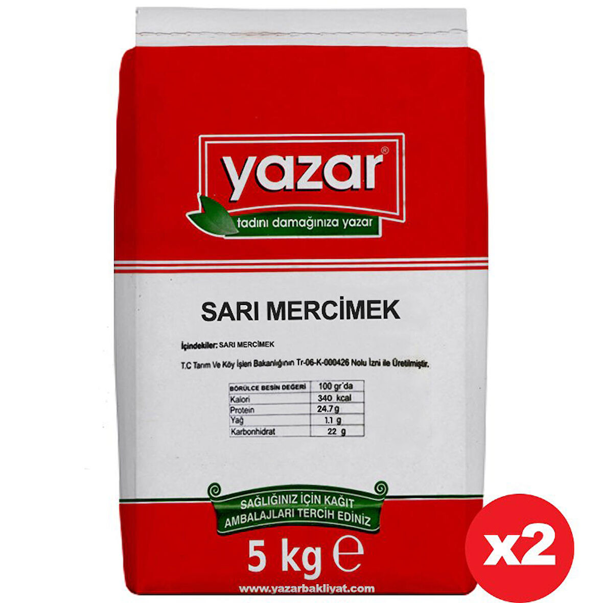 Yazar Sarı Mercimek 5 Kg x 2 Paket