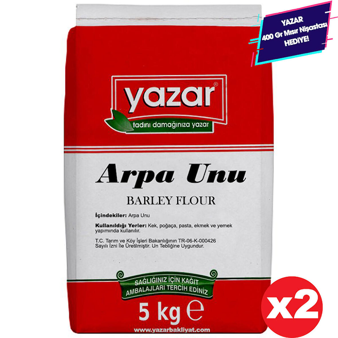 Yazar Taş Değirmende Öğütülmüş Arpa Unu 5 Kg X 2 Paket