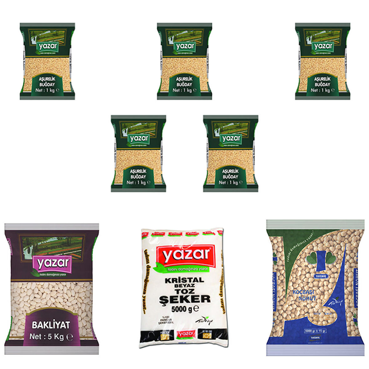 Yazar Aşure Paketi 5KG Fasulye+5KG Toz Şeker+5KG Nohut+5Kg Aşurelık Buğday=20kg Toplam