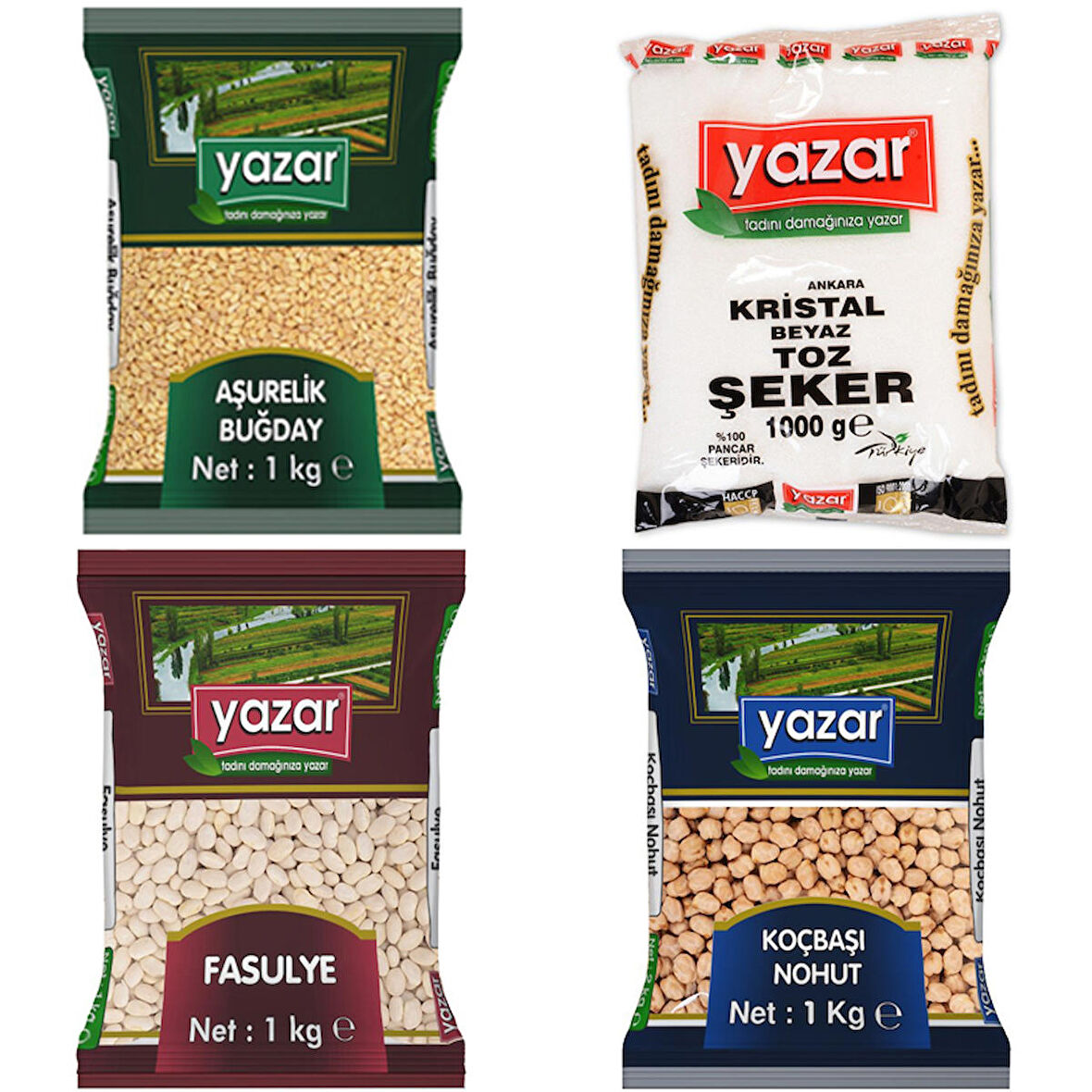 Yazar Aşure Paketi 1KG Fasulye+1KG Toz Şeker+1KG Nohut+1Kg Aşurelık Buğday=4 kg Toplam