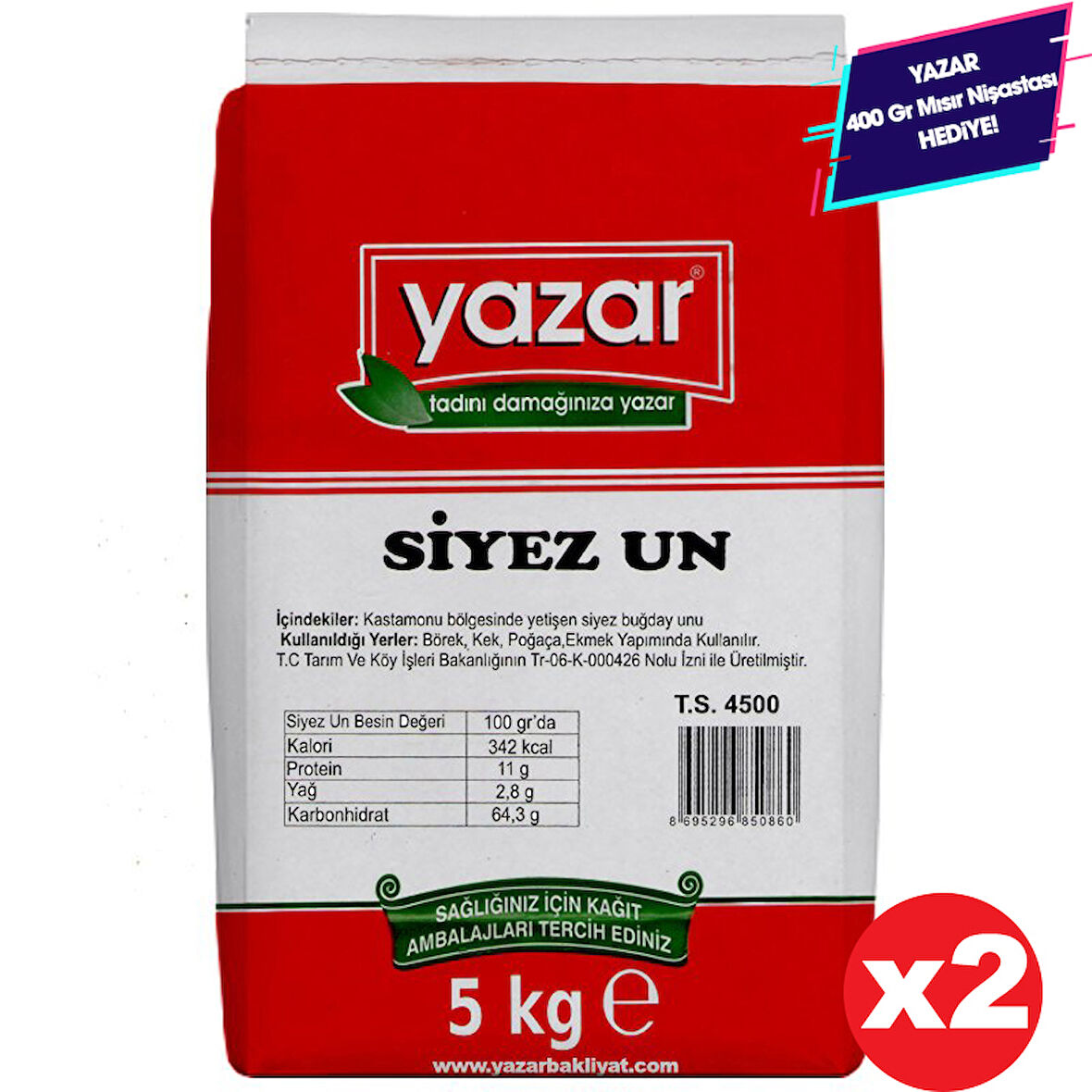 5 Kg x 2 Paket Yazar Taş Değirmende Öğütülmüş Siyez Unu 