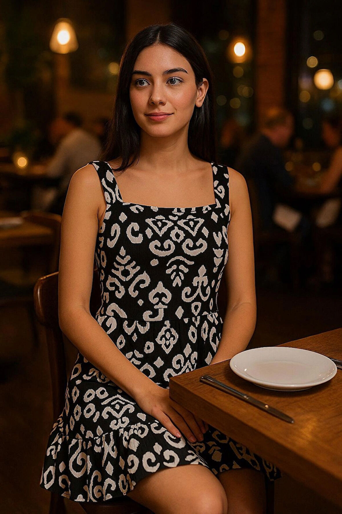 Kadın Kare Yaka Desenli Mini Elbise – Siyah Beyaz