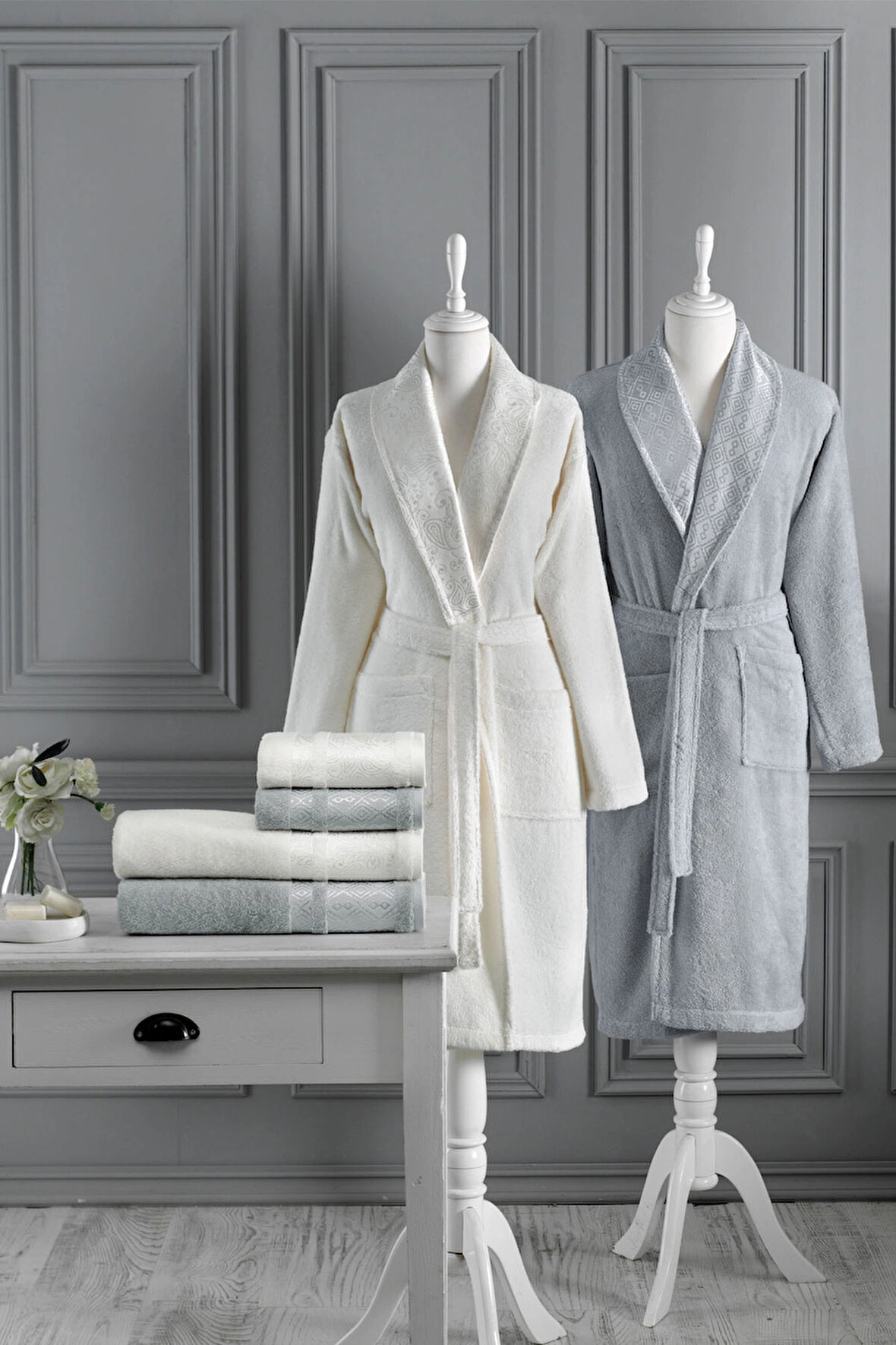 Özdilek Dori Aile Bornoz Seti 6 Parça Krem-Gri