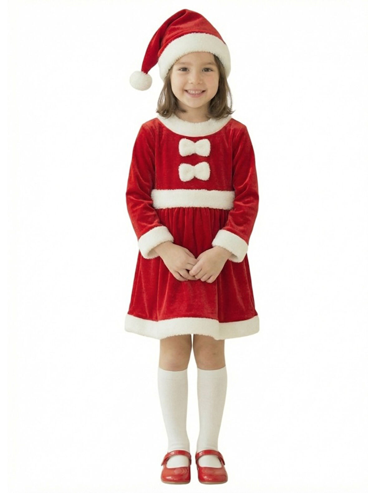 Kadife Kumaş Fiyonklu Noel Anne Kostümü