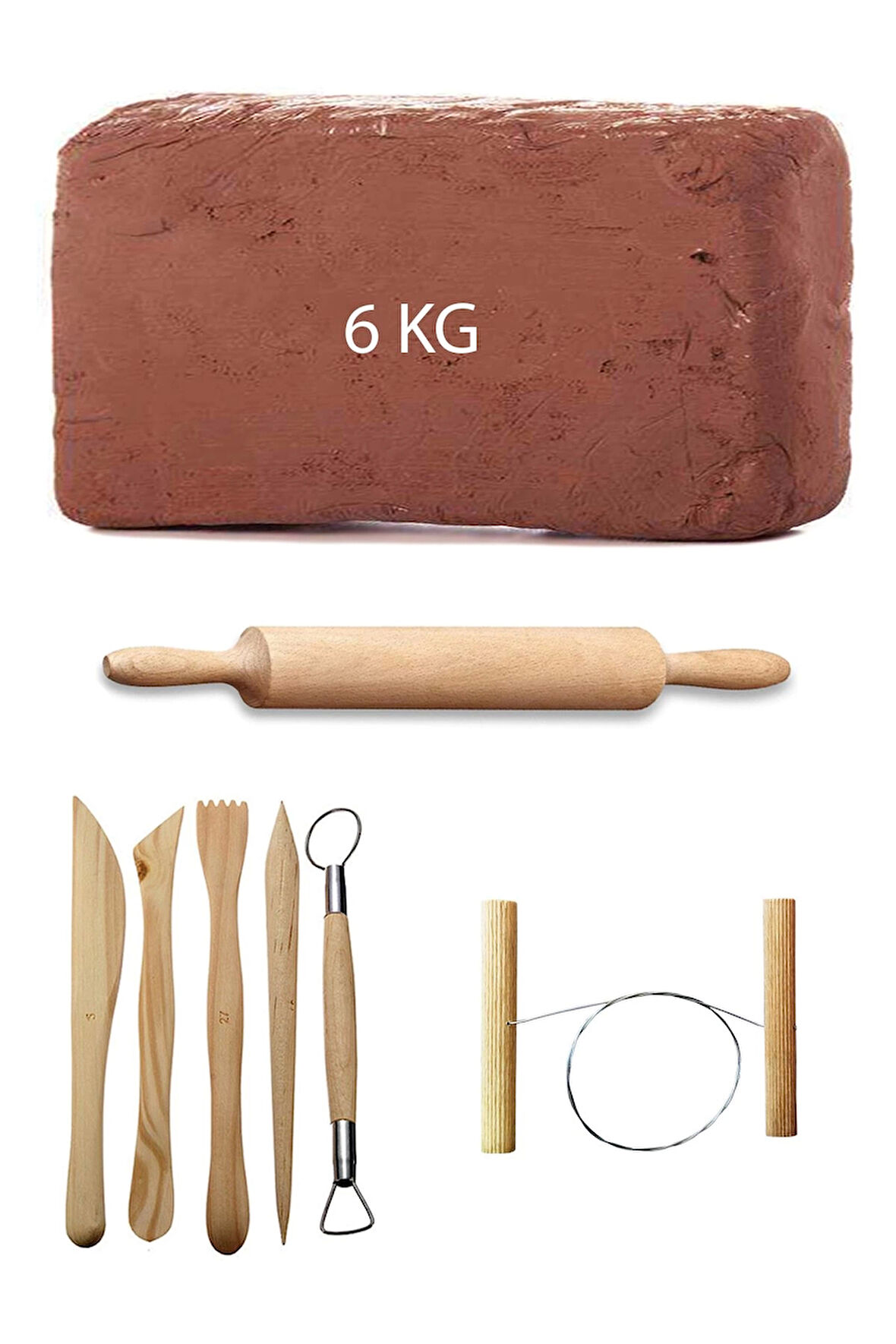 Kahve Çamur Kırmızı Kil Seramik Hamuru 6 kg Ebeşuar Seti Ahşap Merdane Seramik Çamur Kesme Teli