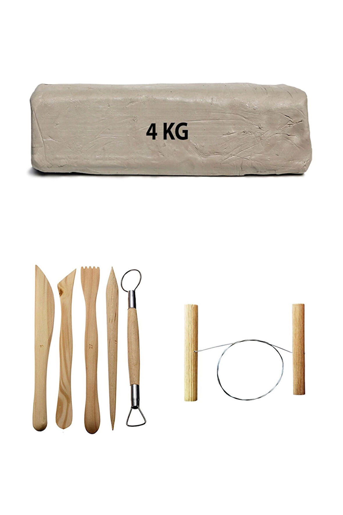 Beyaz Seramik Hamuru 4 kg Seramik Çamuru Ebeşuar Seti 5'li Çamur Kesme Teli Seramik Seti