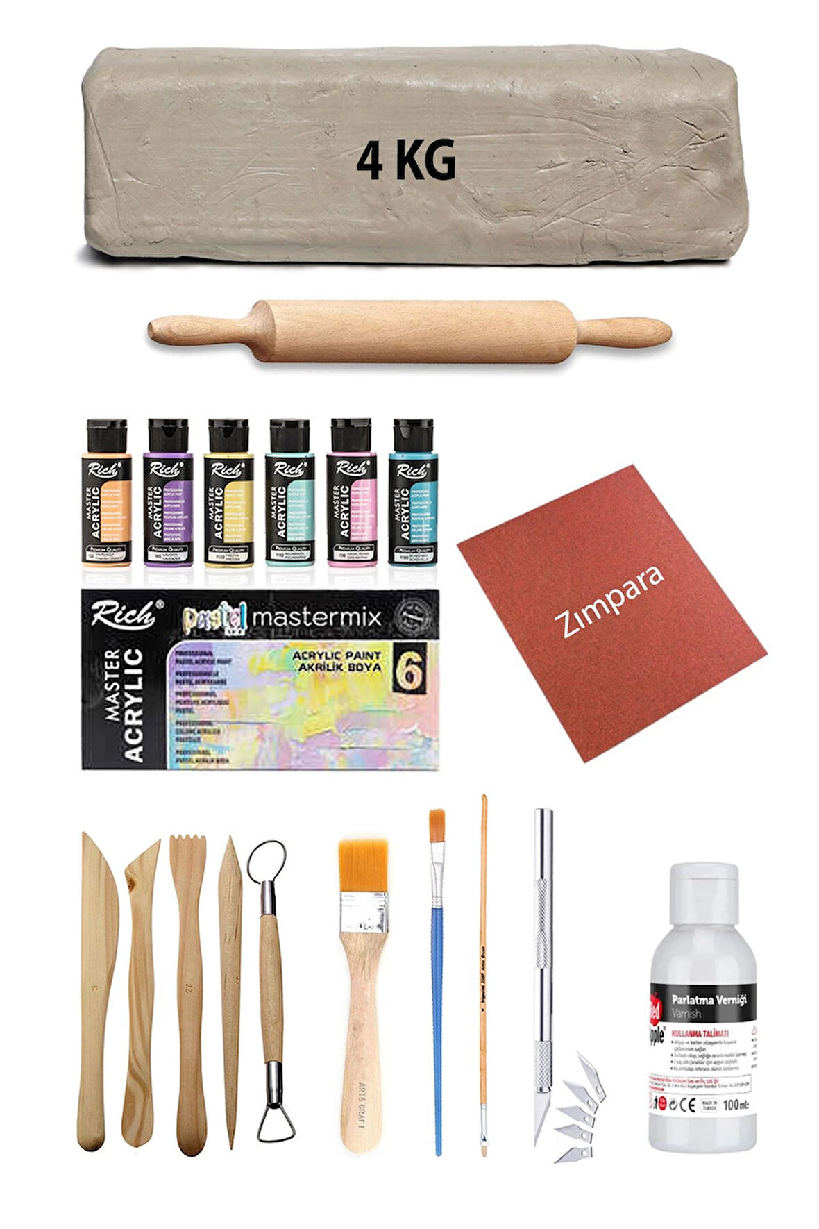 Beyaz Seramik Hamuru 4 Kg Kil Ebeşuar Seti Mastermix Pastel Akrilik Vernik Ahşap Merdane Kretuar Set