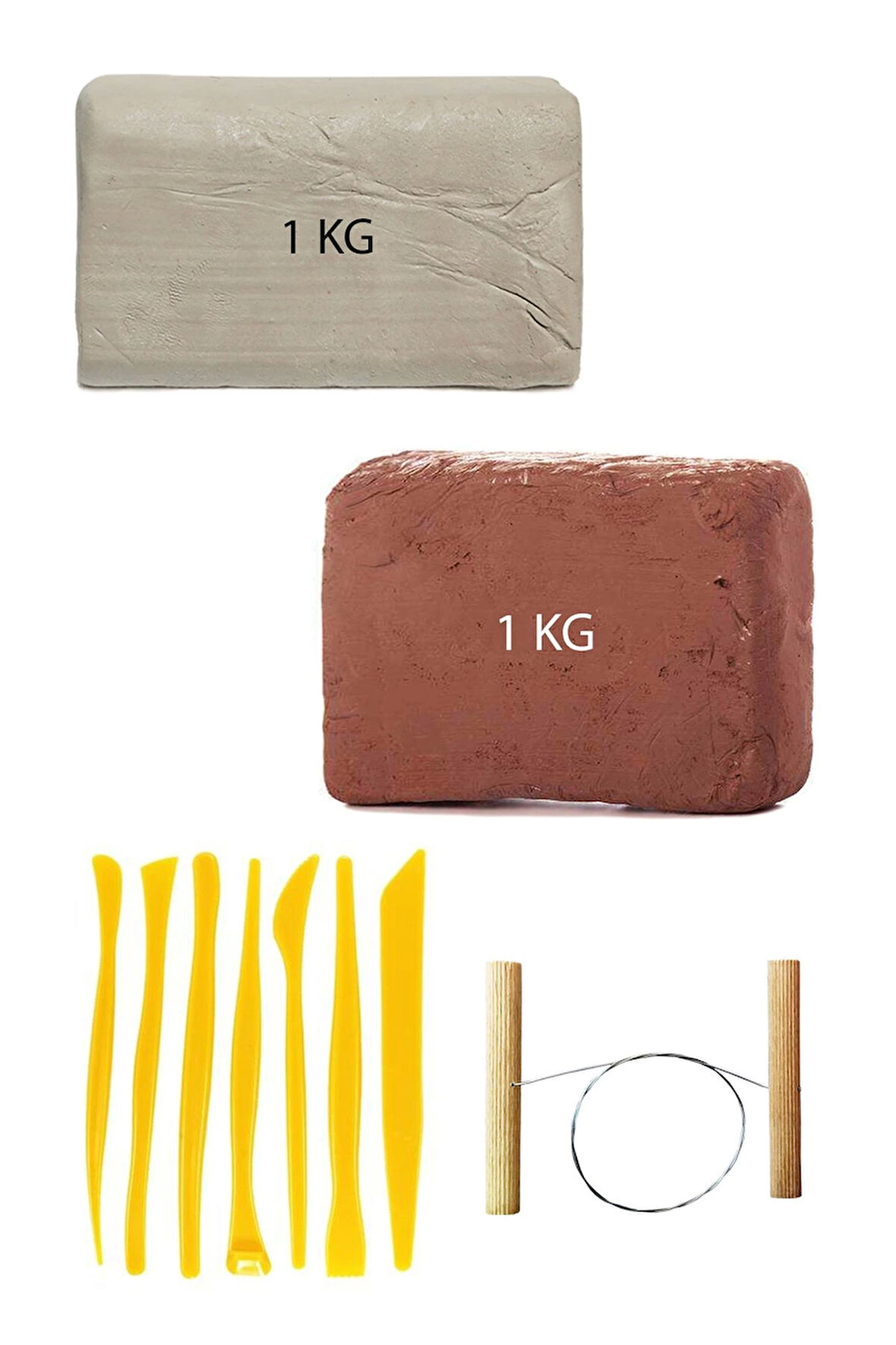 Kahve Çamur 1 Kg Kırmızı Kil Seramik Hamuru Beyaz Kil 1 Kg Plastik Ebeşuar Seti Çamur Kesme Teli