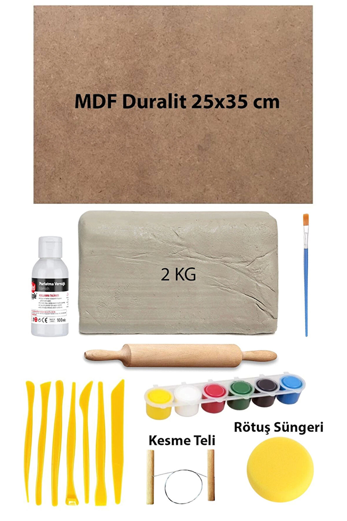 Beyaz Seramik Hamuru 2 kg Kil 25x35 Duralit Ebeşuar Seti 6x15 ml Akrilik Set Vernik Ahşap Merdane