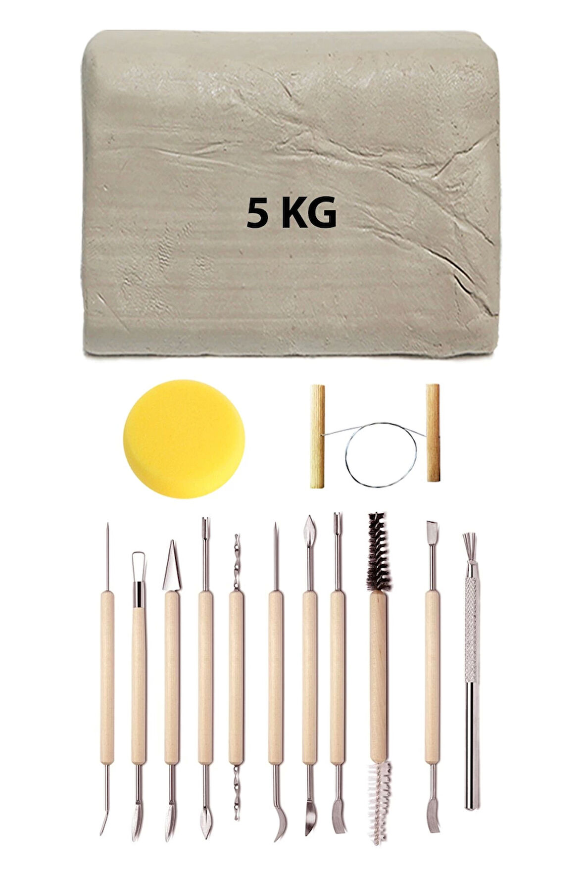Beyaz Seramik Hamuru 5 kg Kil Modelaj Oyma Seramik Detay Seti 11'li Kesme Teli Seramik Rötuş Süngeri