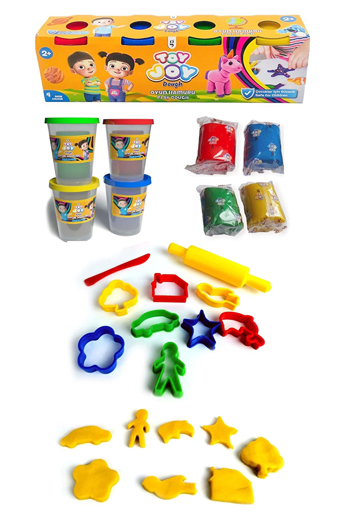 Toy Joy Dough Oyun Hamuru 4 Canlı Renk 480 gr Oyun Hamuru Kalıbı Merdane + 8 Şekil Seti