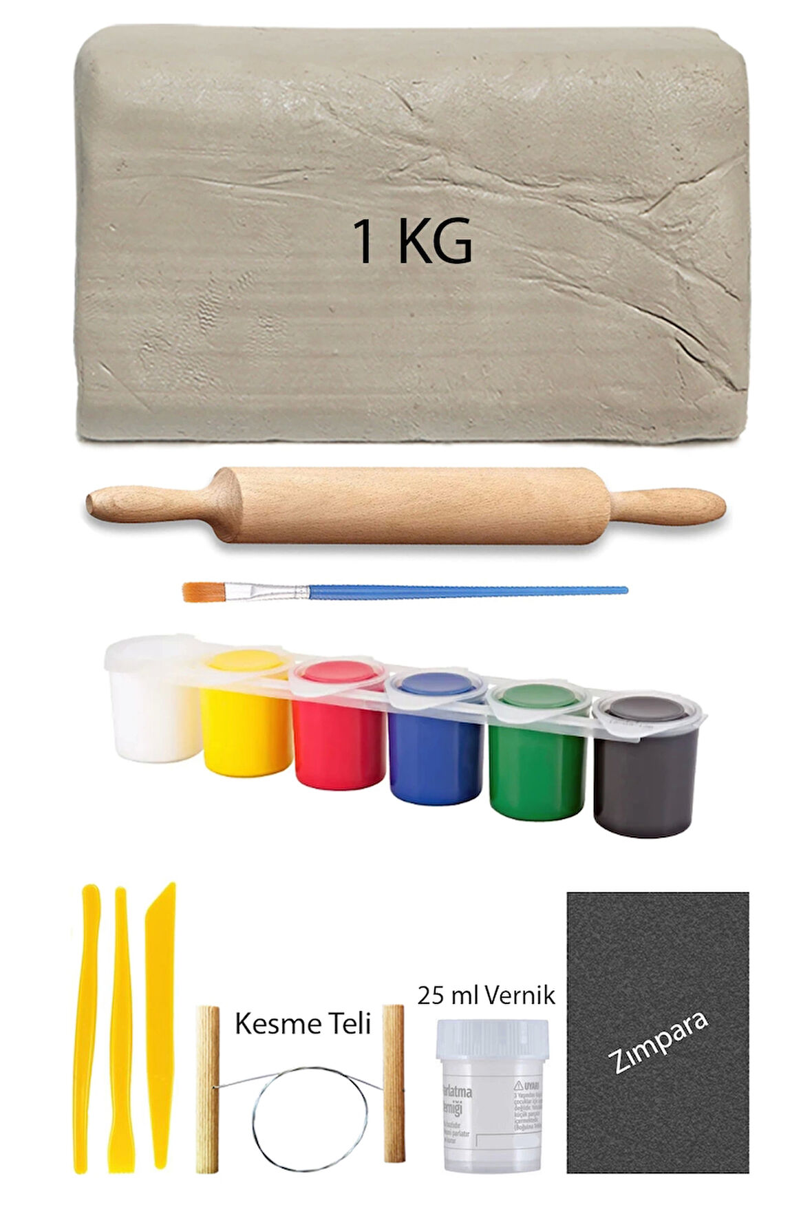 Beyaz Seramik Hamuru 1 Kg Kil Ebeşuar Seti 6x15 ml Akrilik Boya 25 ml Vernik Ahşap Merdane Zımpara