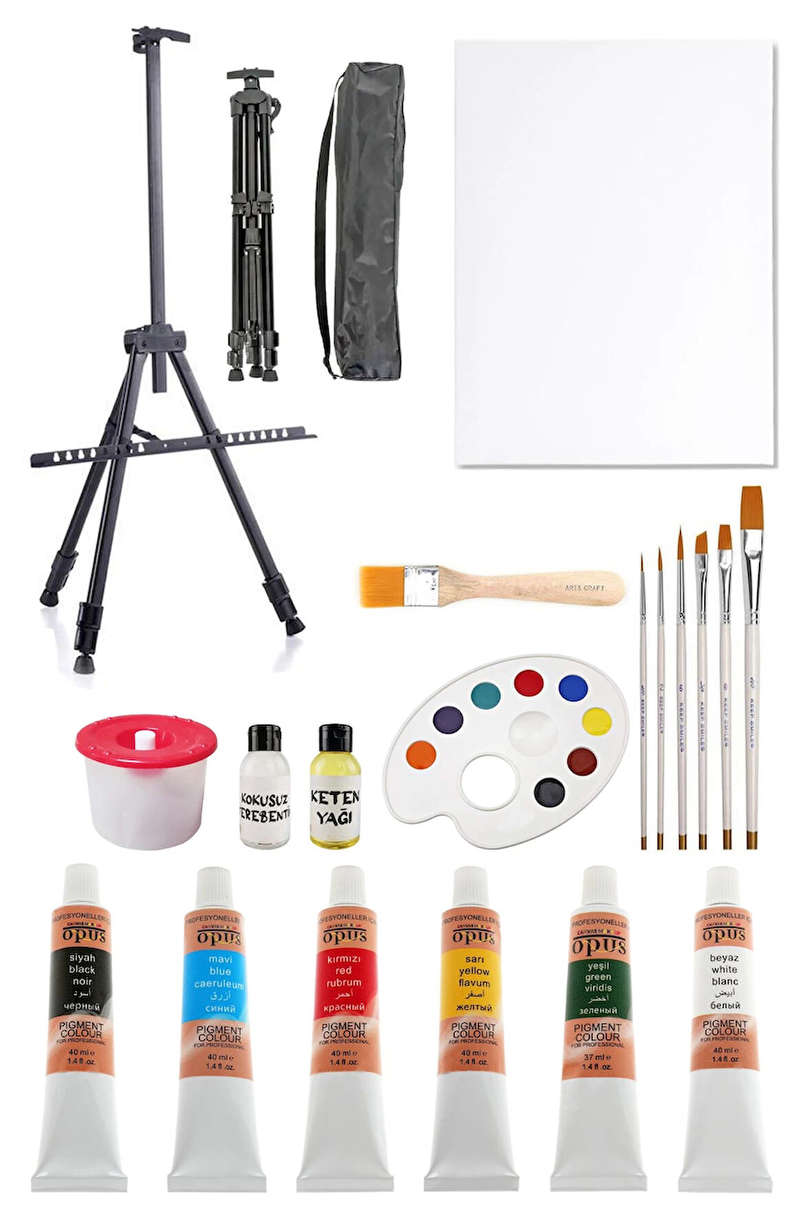 Opus 40 ml Yağlı Boya Seti 6 Renk 3 Ayaklı Şövale Seti Çantalı Metal Şövale 35x50 Tuval Fırça Seti