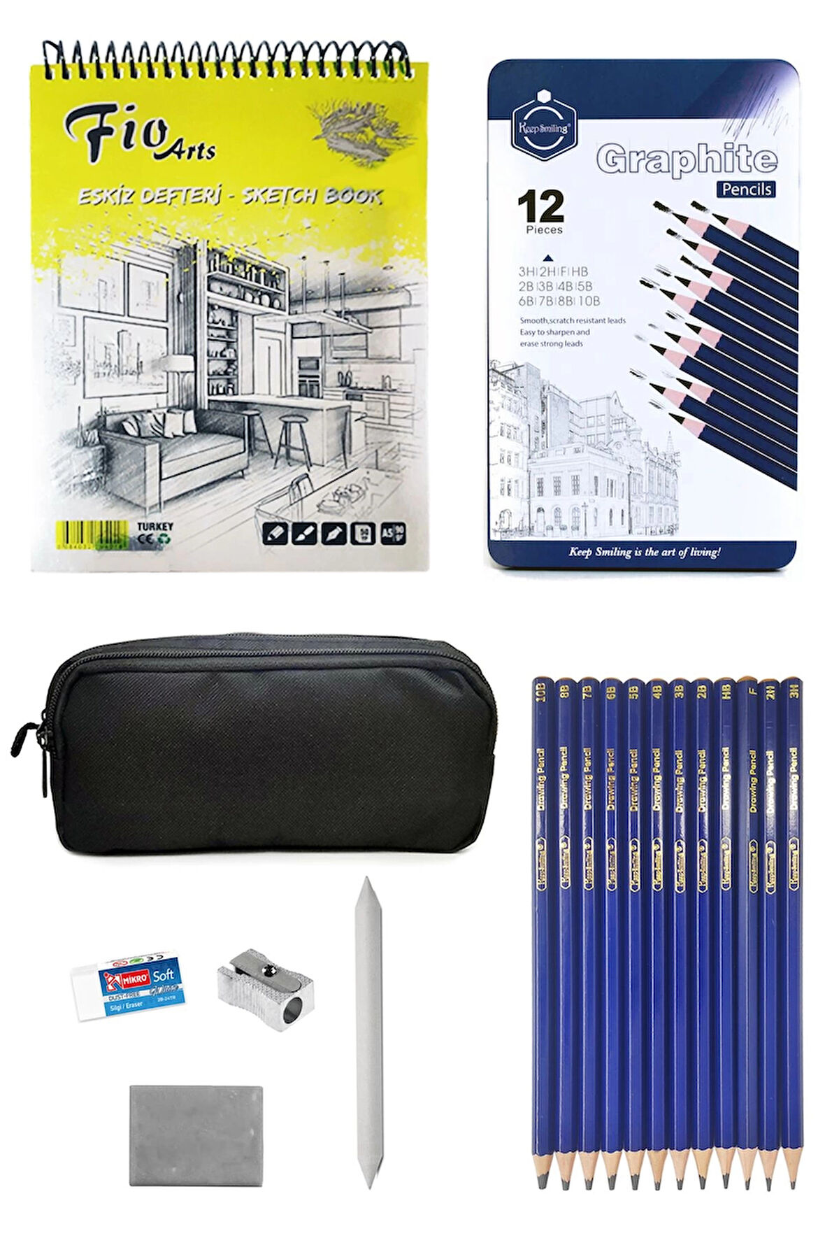 Fio A5 Spiralli Eskiz Defteri 90 gr Keep Smiling Karakalem Çizim Seti 12'li Kalemlikli Eskiz Seti