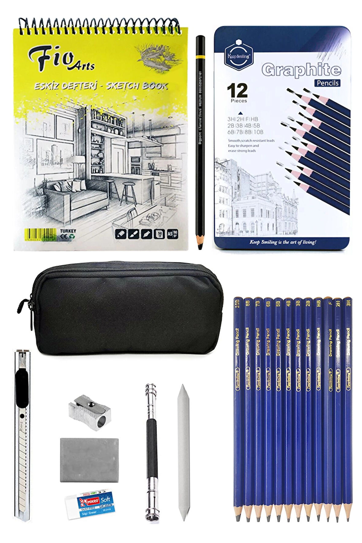 Fio A5 Spiralli Eskiz Defteri 90 gr Kalemlikli Eskiz Seti Keep Smiling Karakalem Çizim Seti 12'li