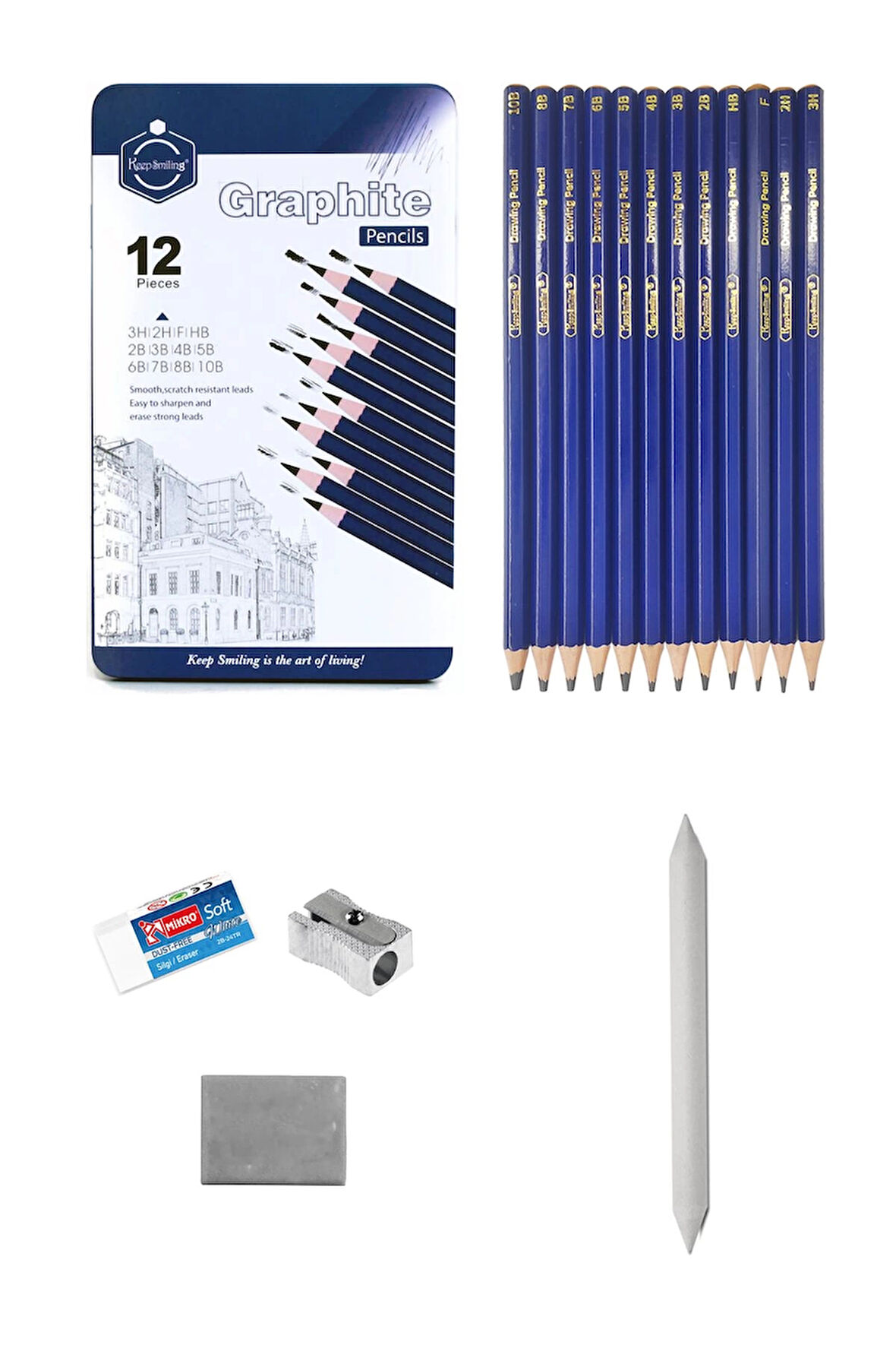 Karakalem Çizim Seti Metal Kutulu Eskiz Seti 12 Dereceli Kalem Hamur Silgi Pastel Dağıtıcı