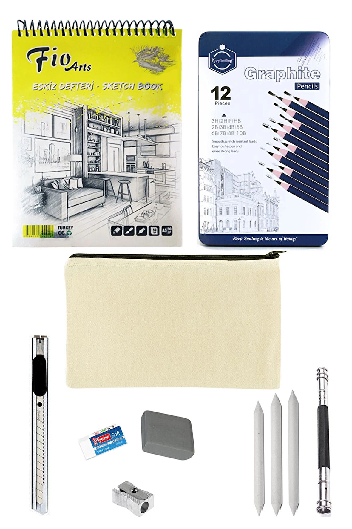 Fio A5 Spiralli Eskiz Defteri 90 gr Bez Çantalı Eskiz Seti Keep Smiling Karakalem Çizim Seti 12'li