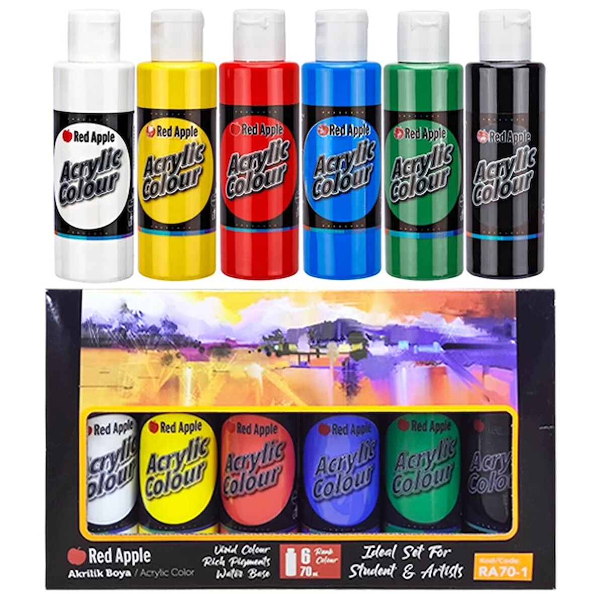 Red Apple 6 x 70 ml Akrilik Boya Canlı Renkler Set 6 Ana Renk Akrilik Boya Seti
