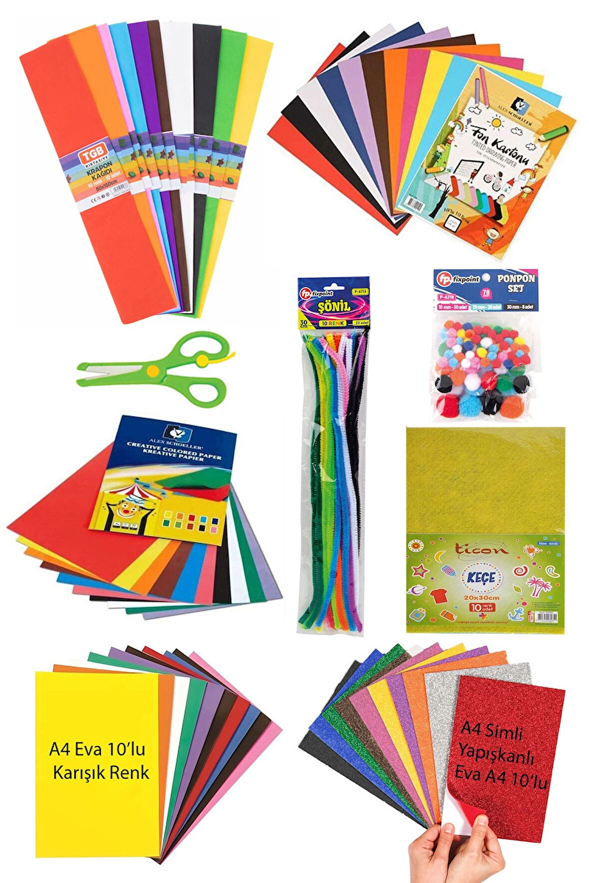 Anaokulu Kreş Etkinlik Seti Elişi Kağıdı Simli Eva Fon Kartonu Krapon Şönil Makas Ponpon Okul Seti
