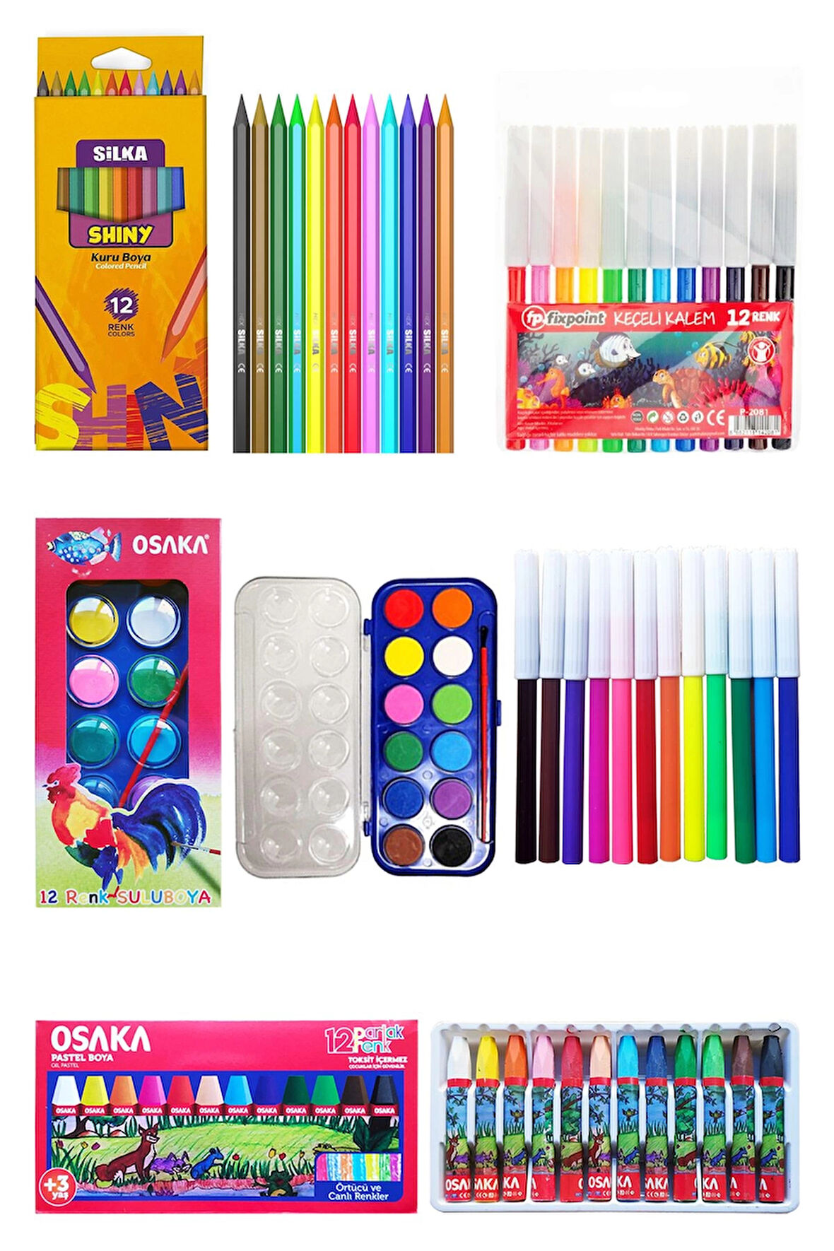 Osaka Sulu Boya 12'li Pastel Boya 12'li Silka Kuru Boya 12'li Fixpoint Keçeli Kalem 12'li Okul Seti