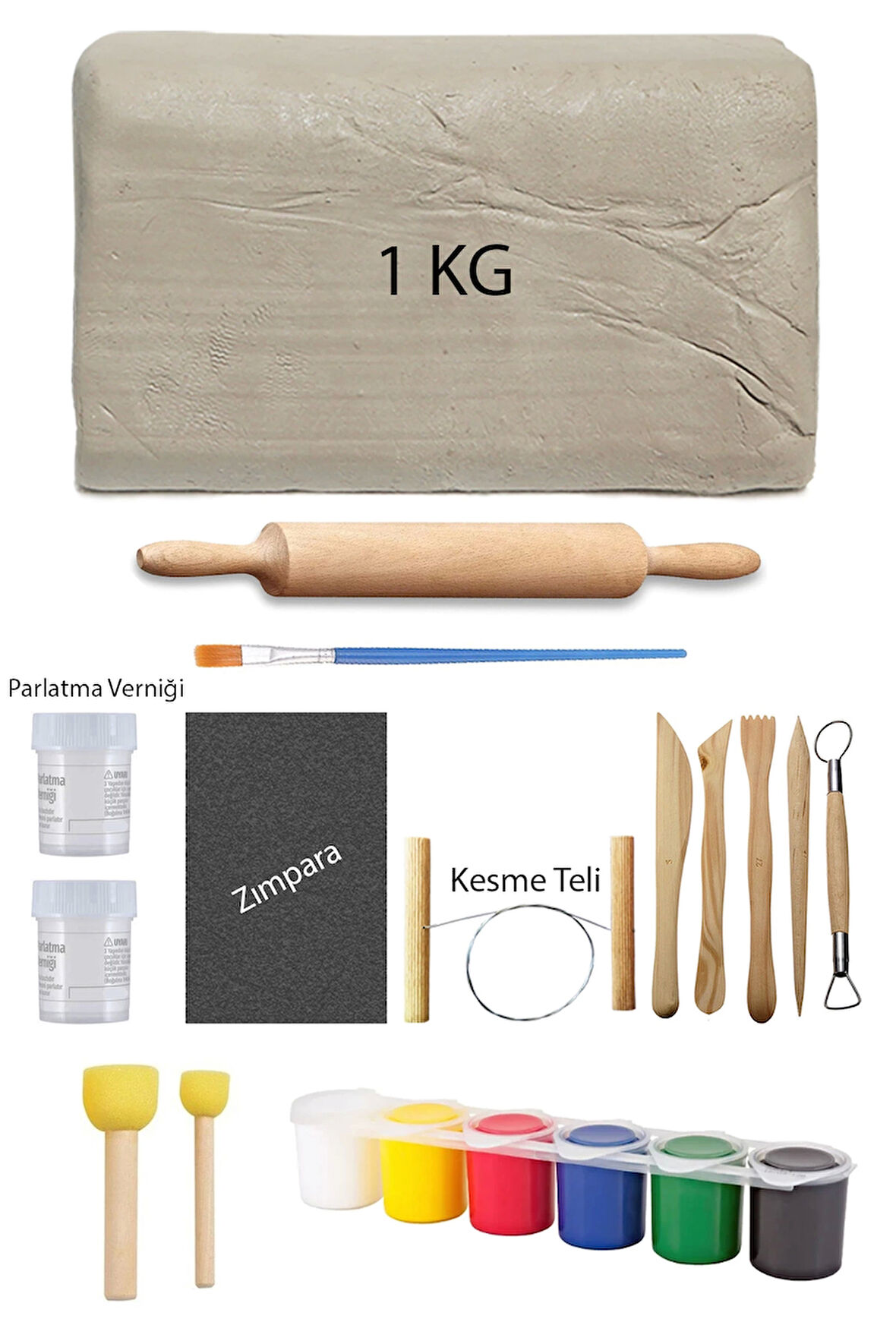Beyaz Seramik Hamuru 1 Kg Kil Ebeşuar Seti 6x15 ml Akrilik Set 50 ml Vernik Ahşap Merdane Zımpara