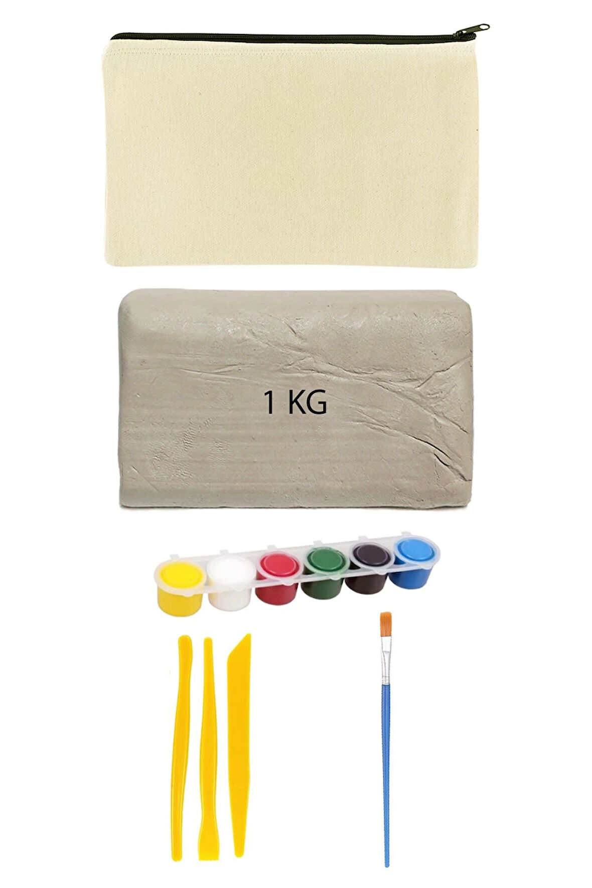 Beyaz Seramik Hamuru 1 kg Ebeşuar Seti 6x15 ml Akrilik Seti Kanvas Bez Çanta Seramik Kil Oyun Hamuru