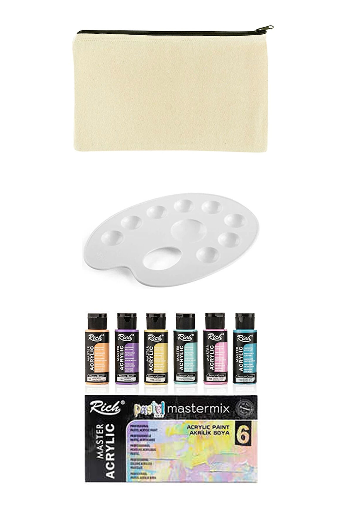 Canvas Bez Çanta 18x25 cm Rich Mastermix Pastel Renkler 6x60cc Akrilik Set Godeli Resim Paleti 19 cm
