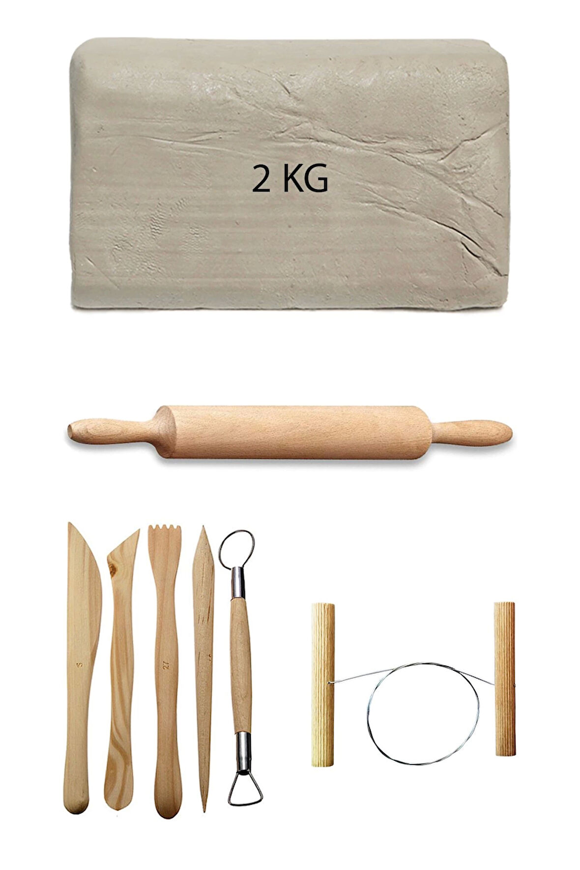 Beyaz Seramik Hamuru 2 kg Ebeşuar Seti Kil Seti Seramik Çamuru Seti Ahşap Merdane Çamur Kesme Teli
