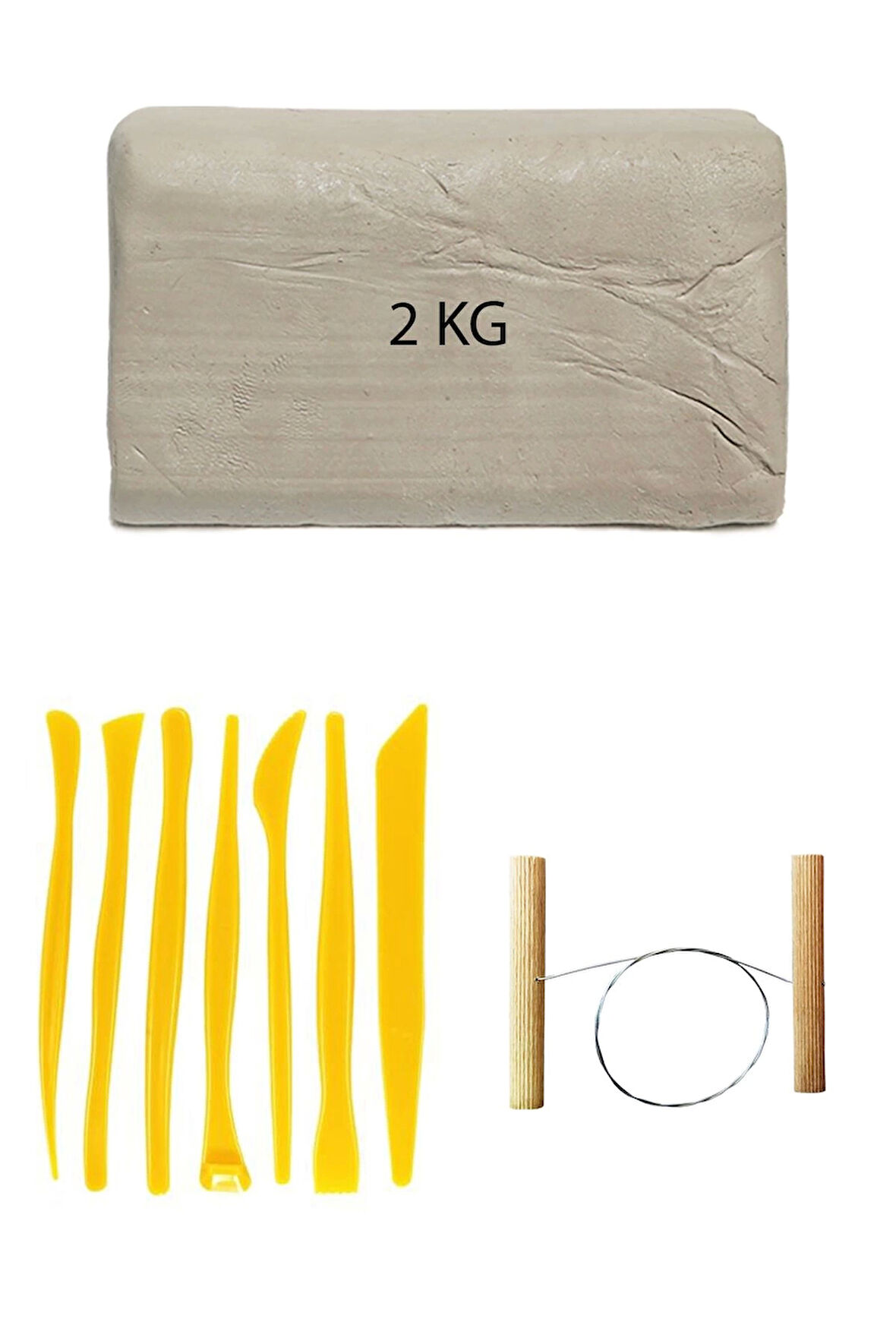 Beyaz Seramik Hamuru 2 kg Plastik Ebeşuar Seti Kil Seti Seramik Çamuru Çamur Kesme Teli Seramik Kili