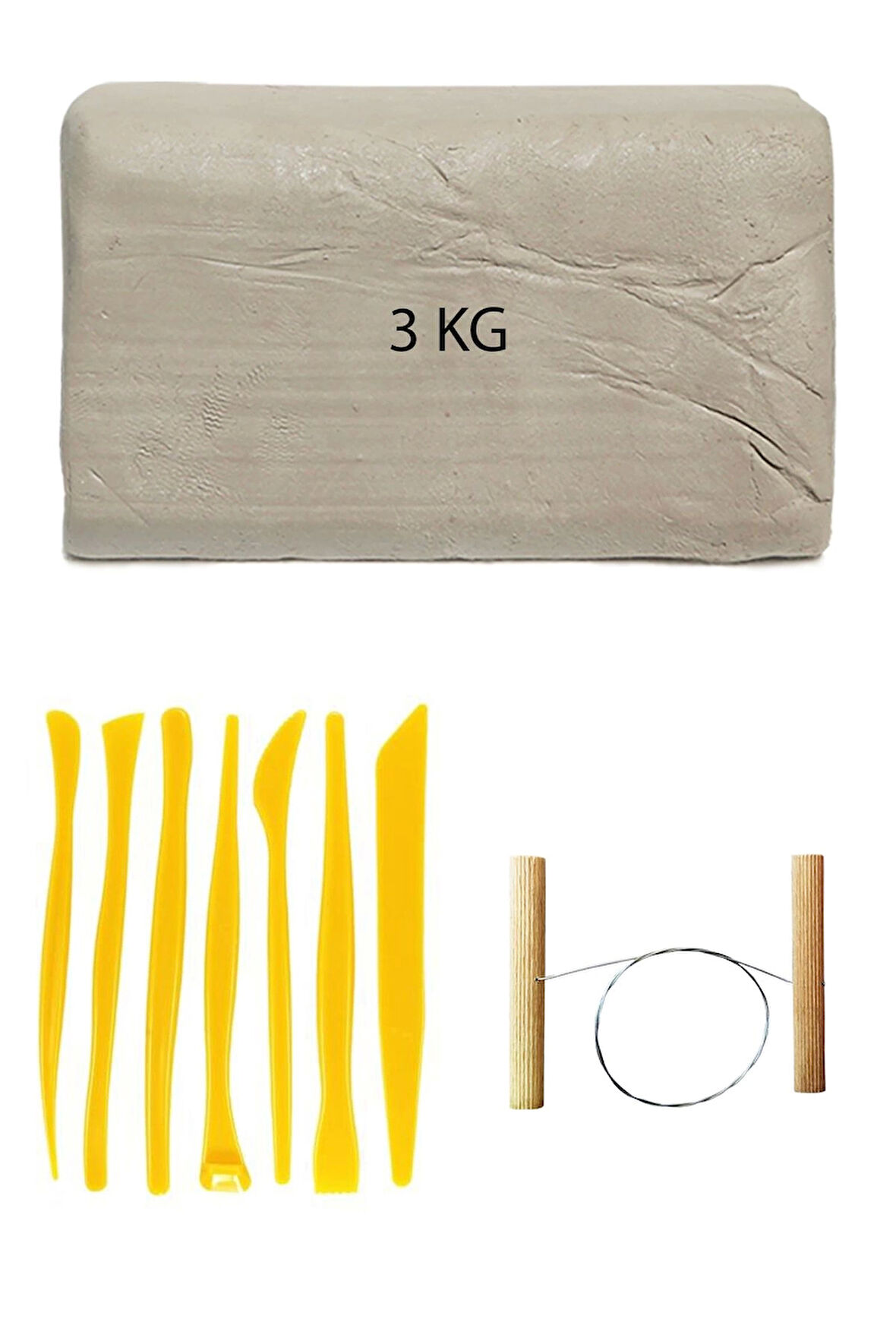 Beyaz Seramik Hamuru 3 kg Plastik Ebeşuar Seti Kil Seti Seramik Çamuru Çamur Kesme Teli Seramik Kili