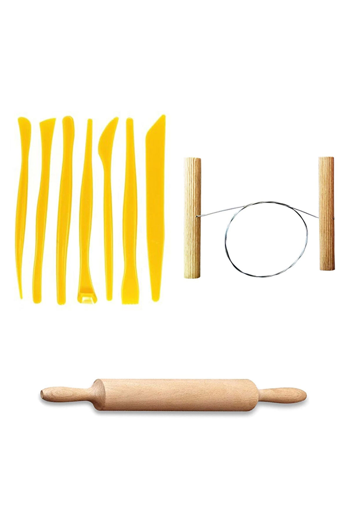 Plastik Ebeşuar Seti 7'li Seramik Seti Çamur Kesme Teli Ahşap Merdane Oyun Hamuru Merdanesi