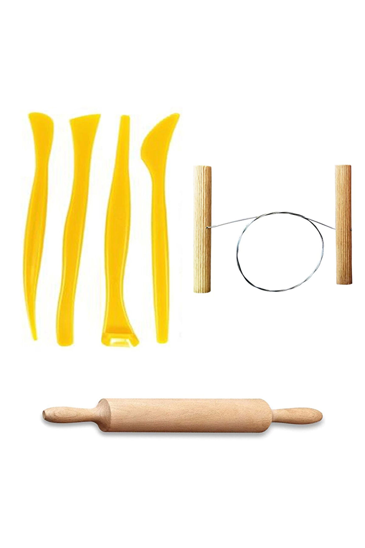 Plastik Ebeşuar Seti 4'lü Seramik Seti Çamur Kesme Teli Ahşap Merdane Oyun Hamuru Merdanesi