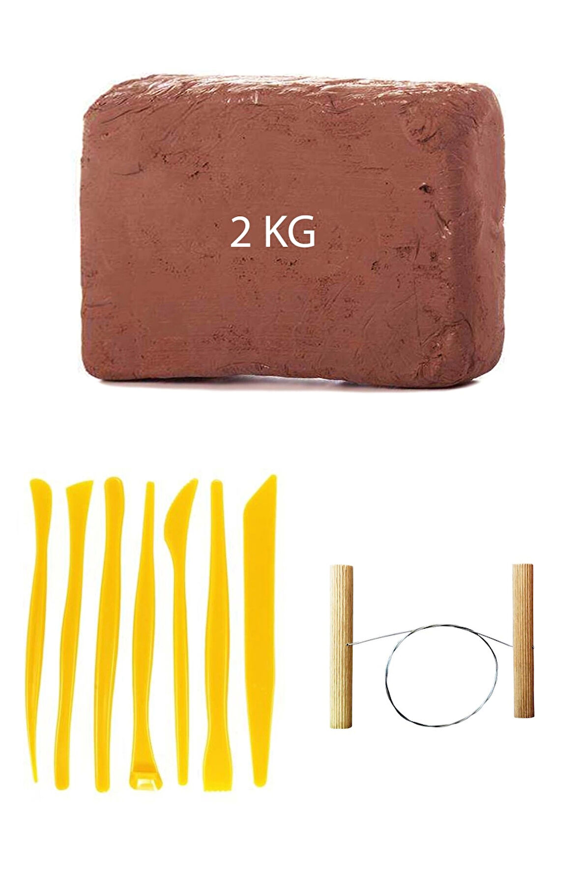 Kahve Çamur Kırmızı Kil Seramik Hamuru 2 kg Plastik Ebeşuar Seti 7 Parça Çamur Kesme Teli