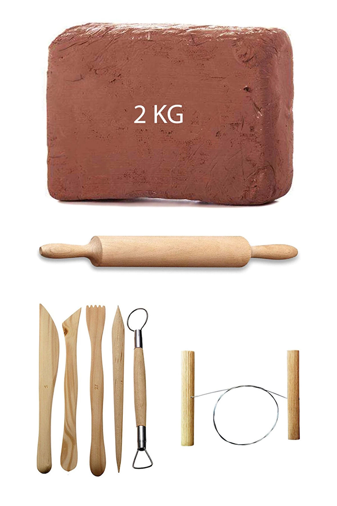 Kahve Çamur Kırmızı Kil Seramik Hamuru 2 kg Ebeşuar Seti Ahşap Merdane Seramik Çamur Kesme Teli