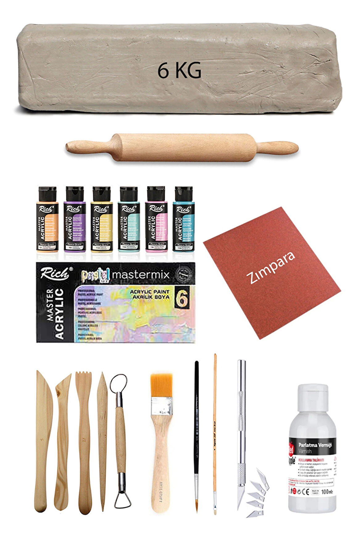 Beyaz Seramik Hamuru 6 Kg Kil Ebeşuar Set Mastermix Pastel Akrilik Set Parlak Vernik Merdane Kretuar