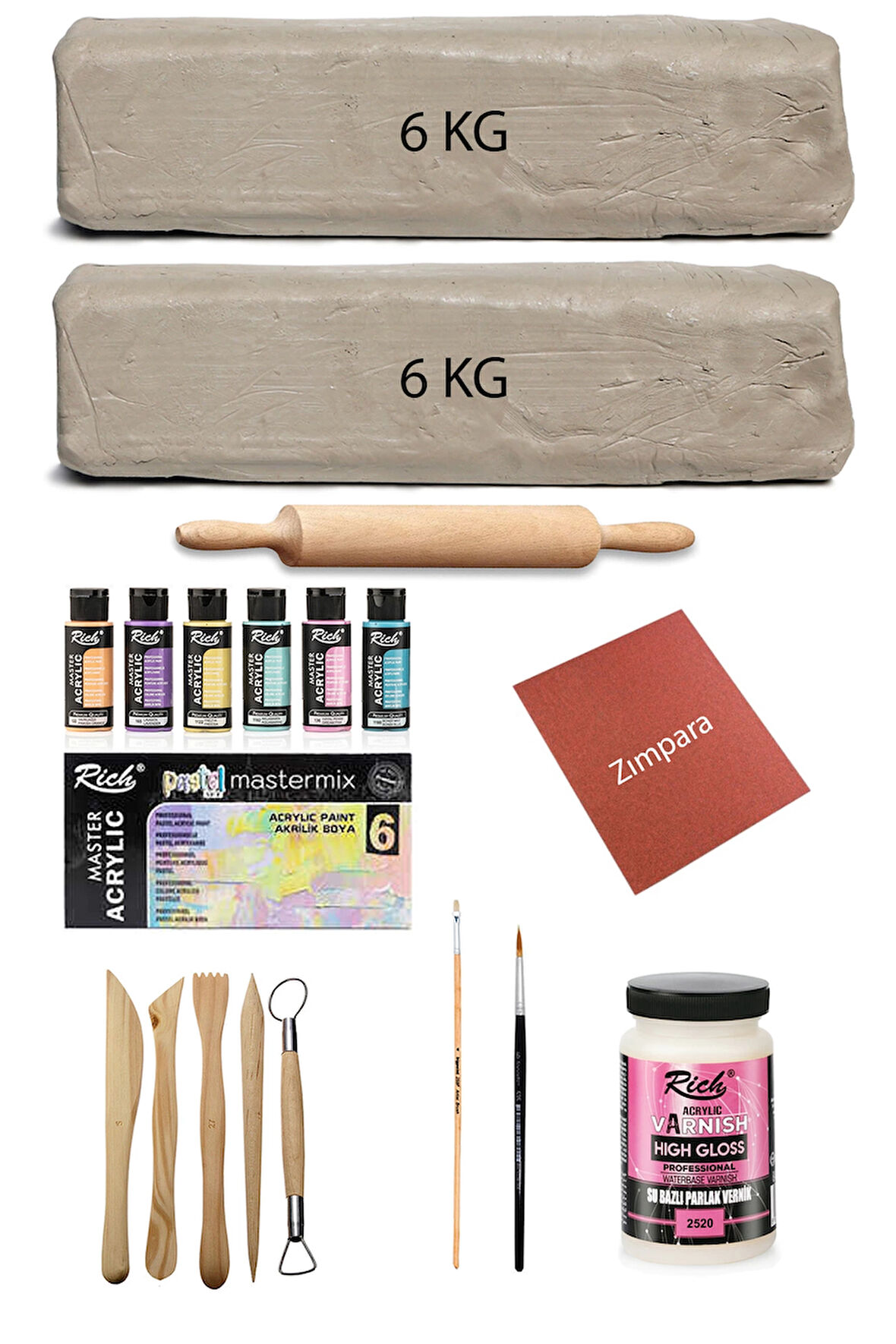 Beyaz Seramik Hamuru 12 Kg Kil Ebeşuar Seti Mastermix Pastel Akrilik Set Parlak Vernik Ahşap Merdane