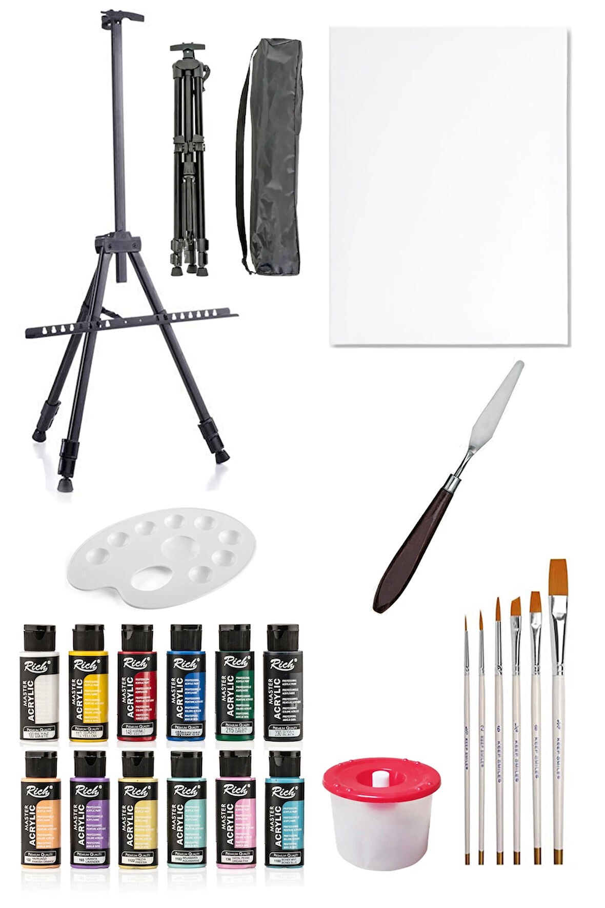 Rich Mastermix Akrilik Boya Seti 6 Ana Renk 6 Pastel Renk 35x50 Tuval Metal Şövale Seti Metal Spatül