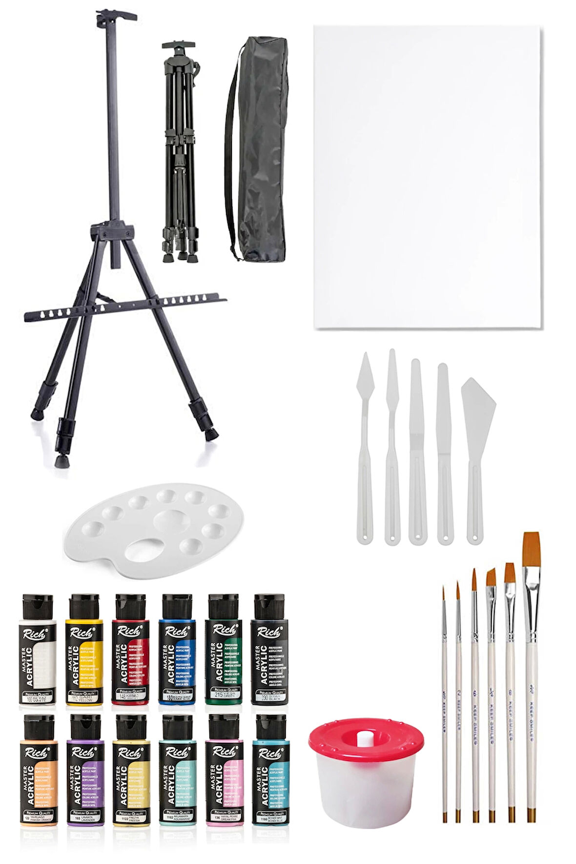 Rich Mastermix Akrilik Boya Seti 12 Renk 3 Ayaklı Şövale 35x50 Tuval Metal Şövale Plastik Spatül Set