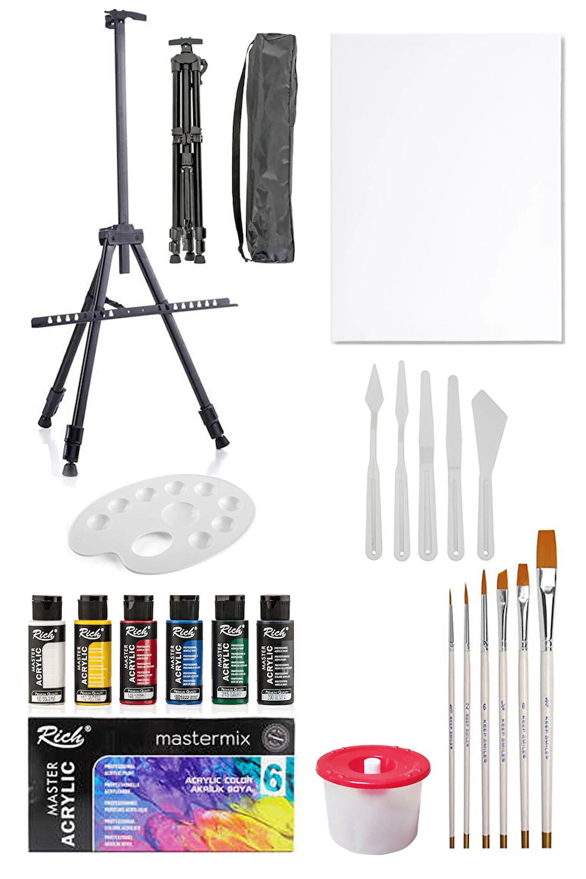 Rich Mastermix Akrilik Boya Seti 6 Ana Renk 3 Ayaklı Metal Şövale 35x50 Tuval Plastik Spatula Seti 6