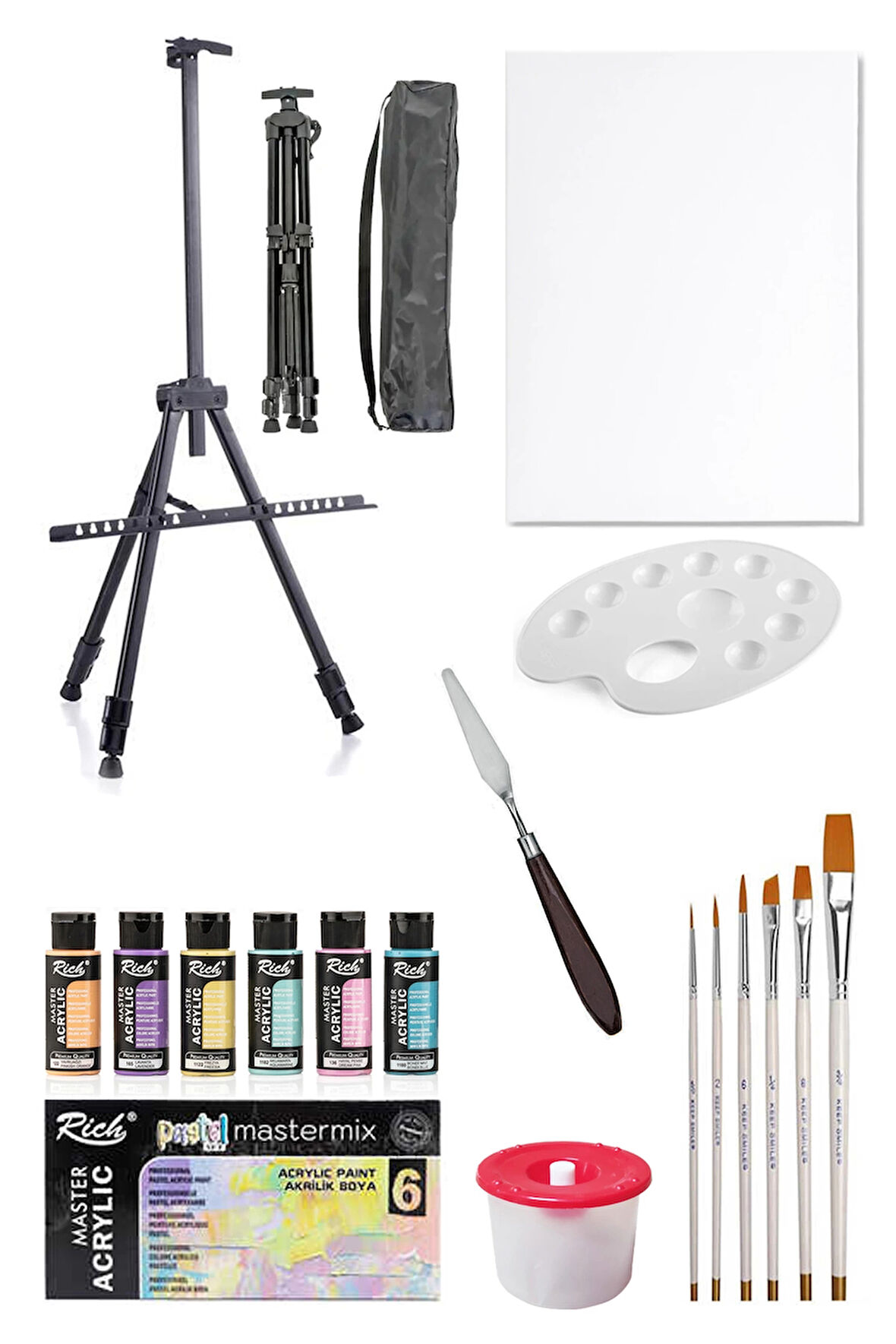 Rich Mastermix Akrilik Boya Seti 6 Pastel Renk 3 Ayaklı Şövale 35x50 Tuval Metal Şövale Metal Spatül