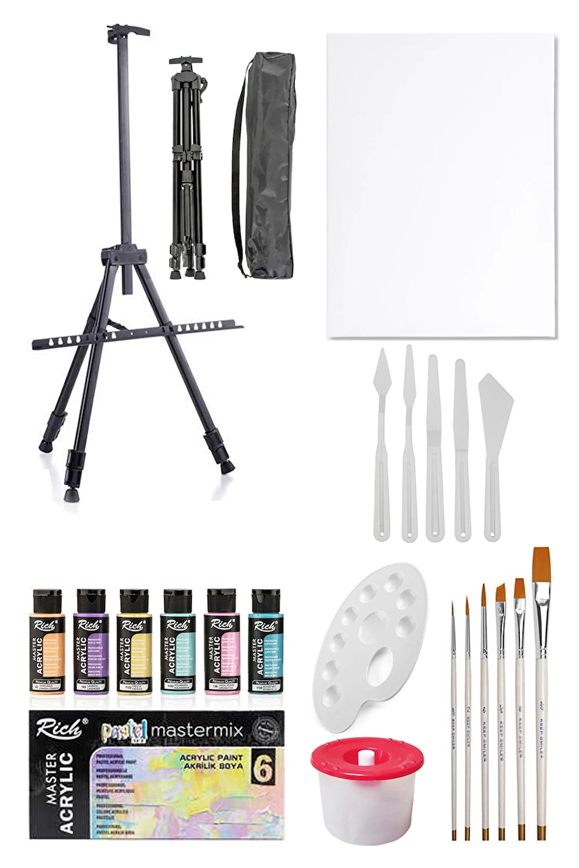Rich Mastermix Akrilik Boya Seti 6 Pastel Renk 3 Ayaklı Metal Şövale 35x50 Tuval Plastik Spatül Seti