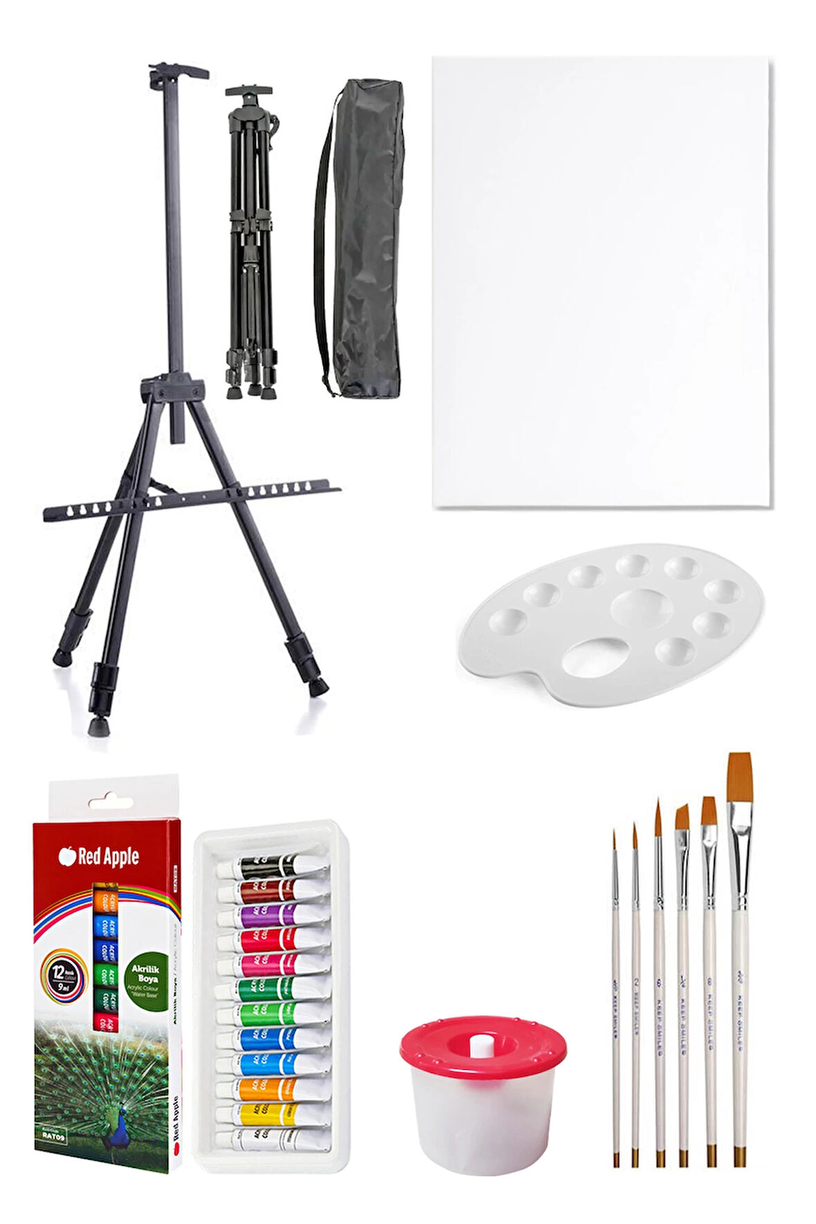 Red Apple Akrilik Boya Seti 12'li 3 Ayaklı Şövale Metal Şövale Seti 35x50 Tuval Seti Boyama Seti