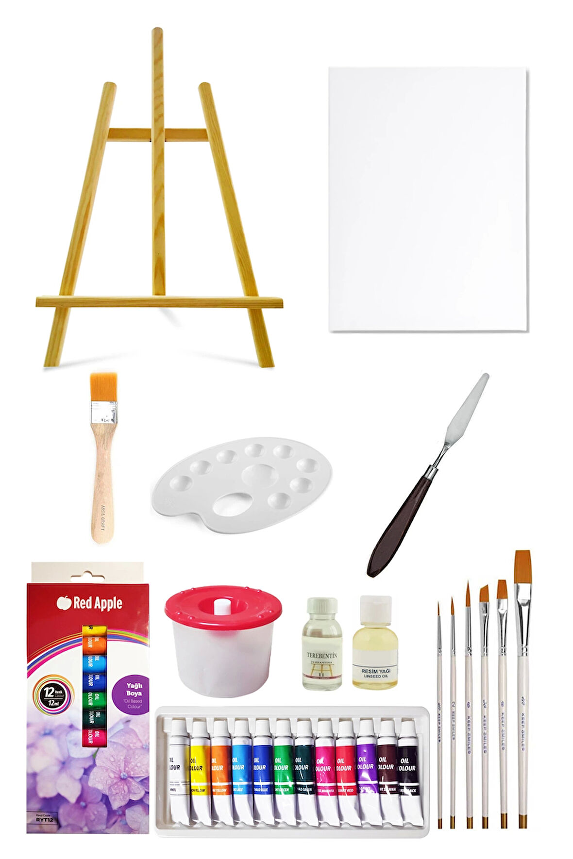 Mini Şövale Seti 38 Cm Red Apple Tüp Yağlı Boya Seti 12 ml 12'li 25x35 Tuval Seti Metal Spatül