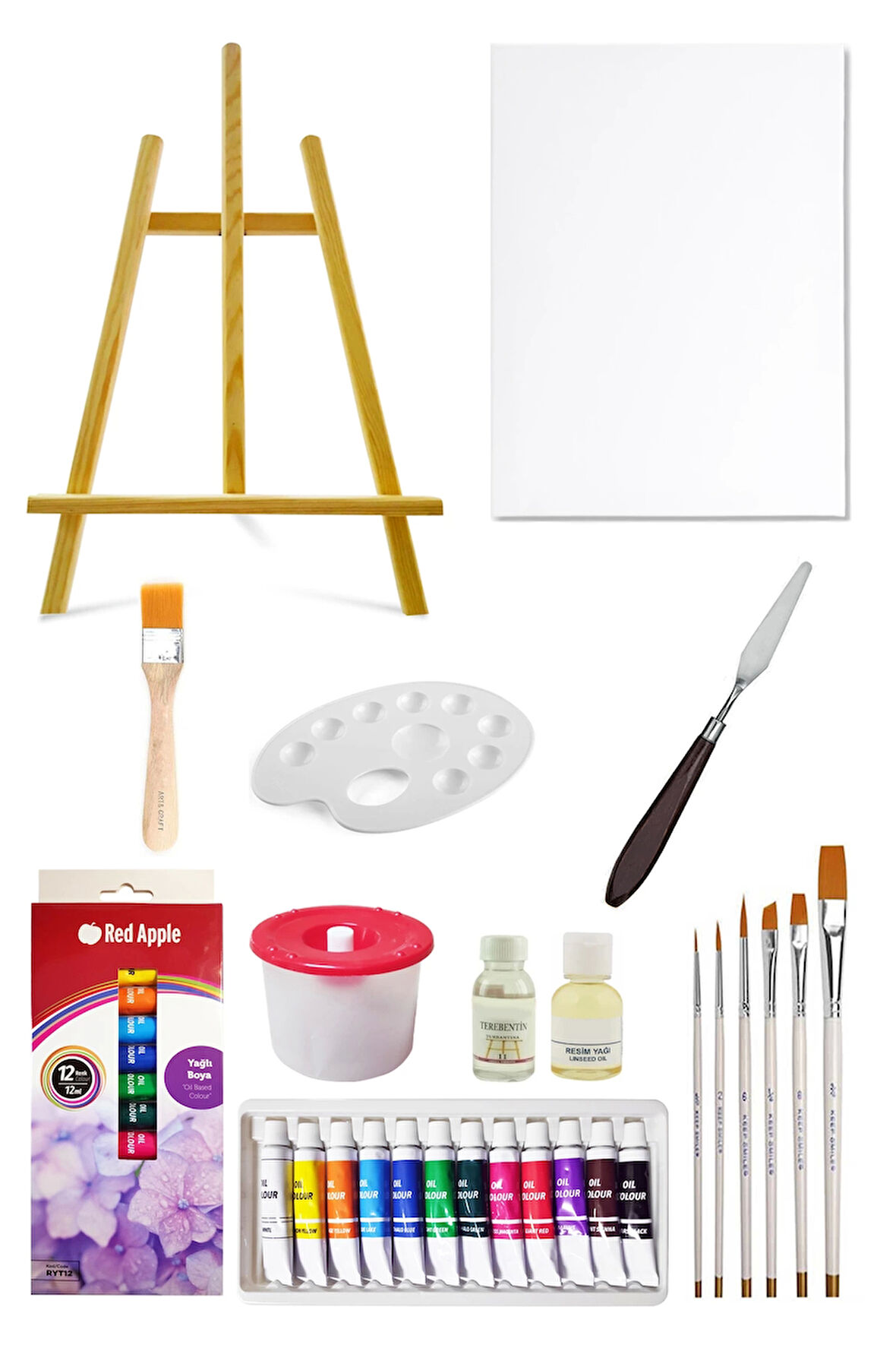 Masaüstü Şövale Seti 60 Cm Red Apple Tüp Yağlı Boya Seti 12 ml 12li 35x50 Tuval Seti Metal Spatül