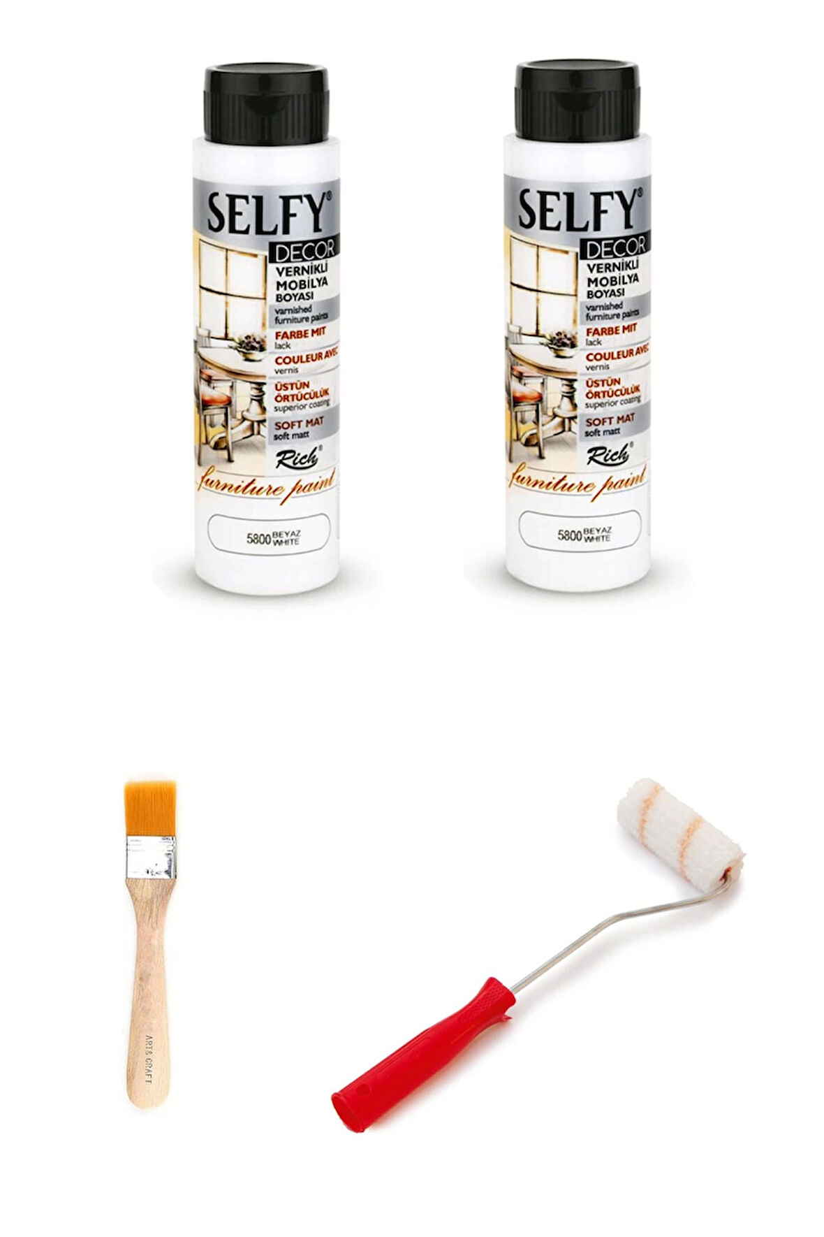 Selfy Decor Beyaz 1000 cc (1400 gr) Vernikli Boya Dolap Boyama Seti Mobilya Boyası Set