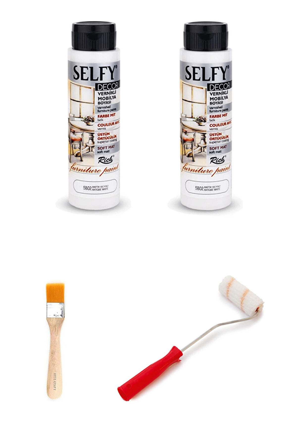 Rich Selfy Decor Antik Beyaz 1000 cc (1400 gr) Vernikli Boya Dolap Boyama Seti Mobilya Boyası Set