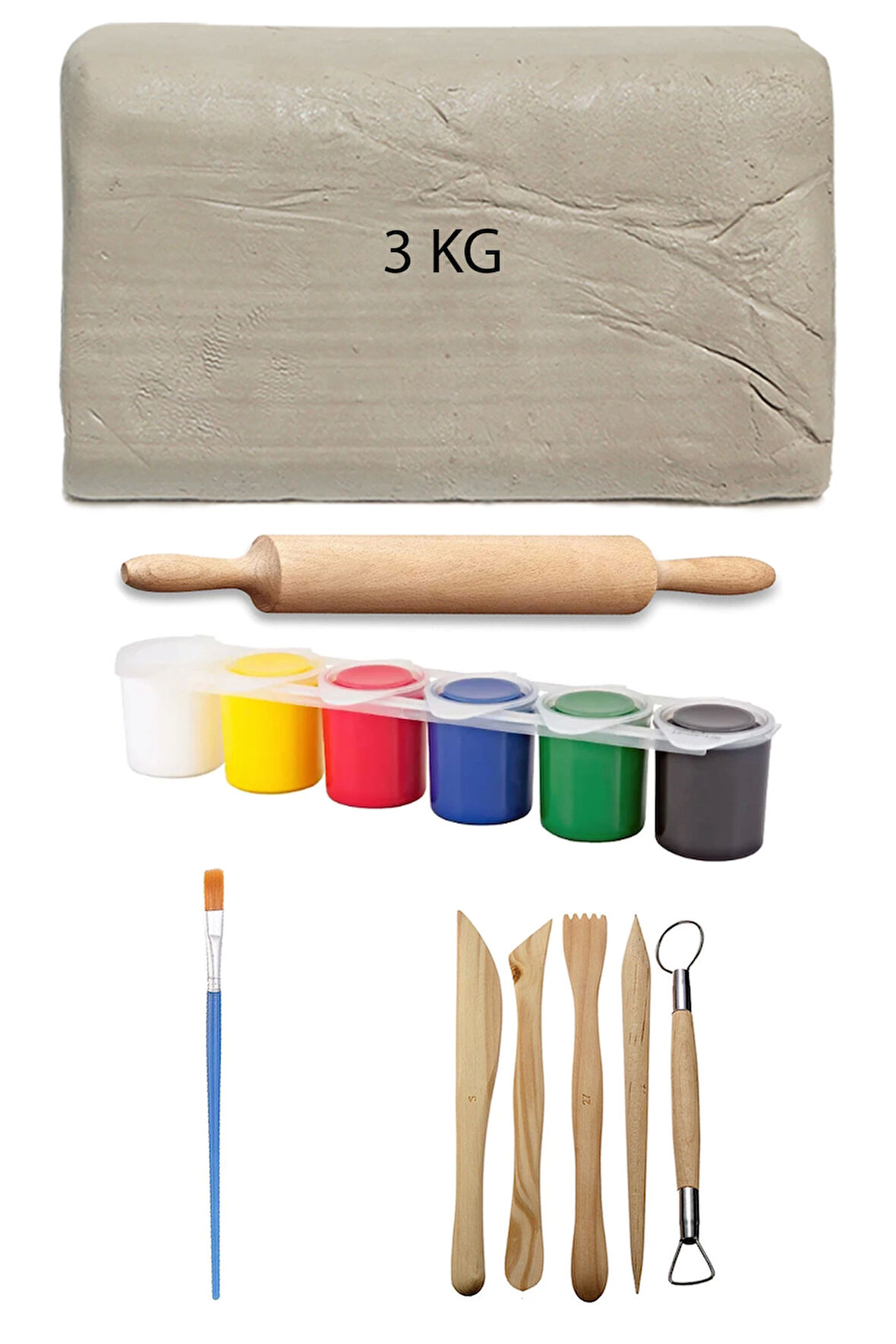 Beyaz Seramik Hamuru 3 kg Kil Ebeşuar Seti 6x15 ml Akrilik Seti Seramik Kil Ahşap Merdane Oyun Hamur
